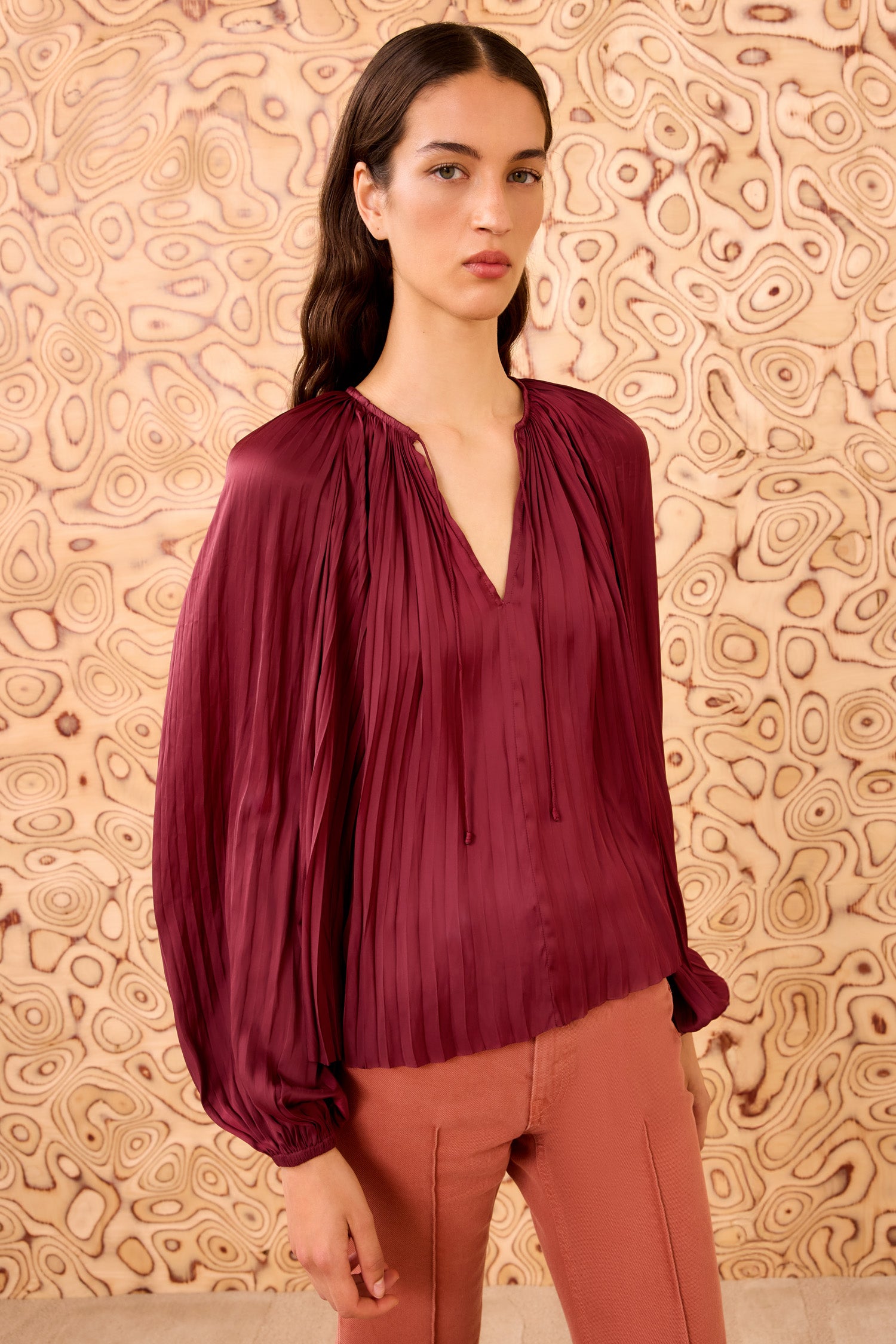 Electra Long Sleeve Blouse - Claret Red Pleated Satin Blouse 