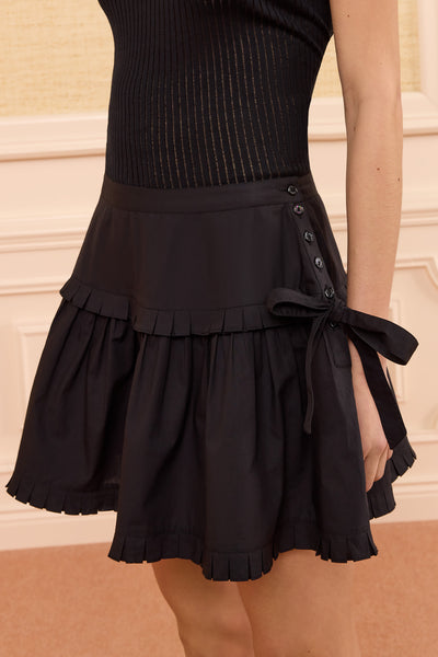 Noir Designer Cotton Mini Skirt - Tiered Ruffle & Button Close-Up Detail | Ulla Johnson