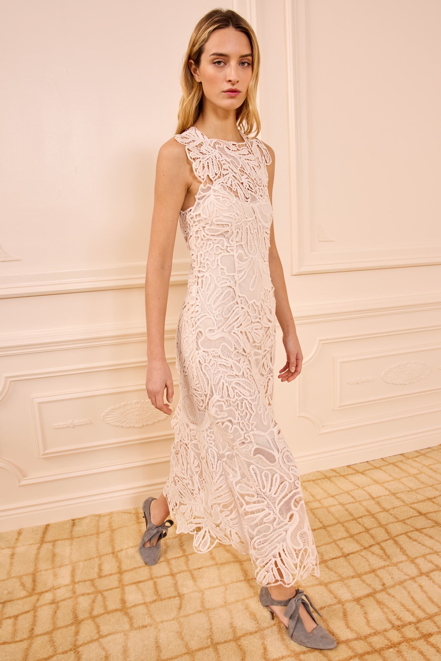 Eloisa Corded Lace Dress - Chalk White Sleeveless Midi Dress