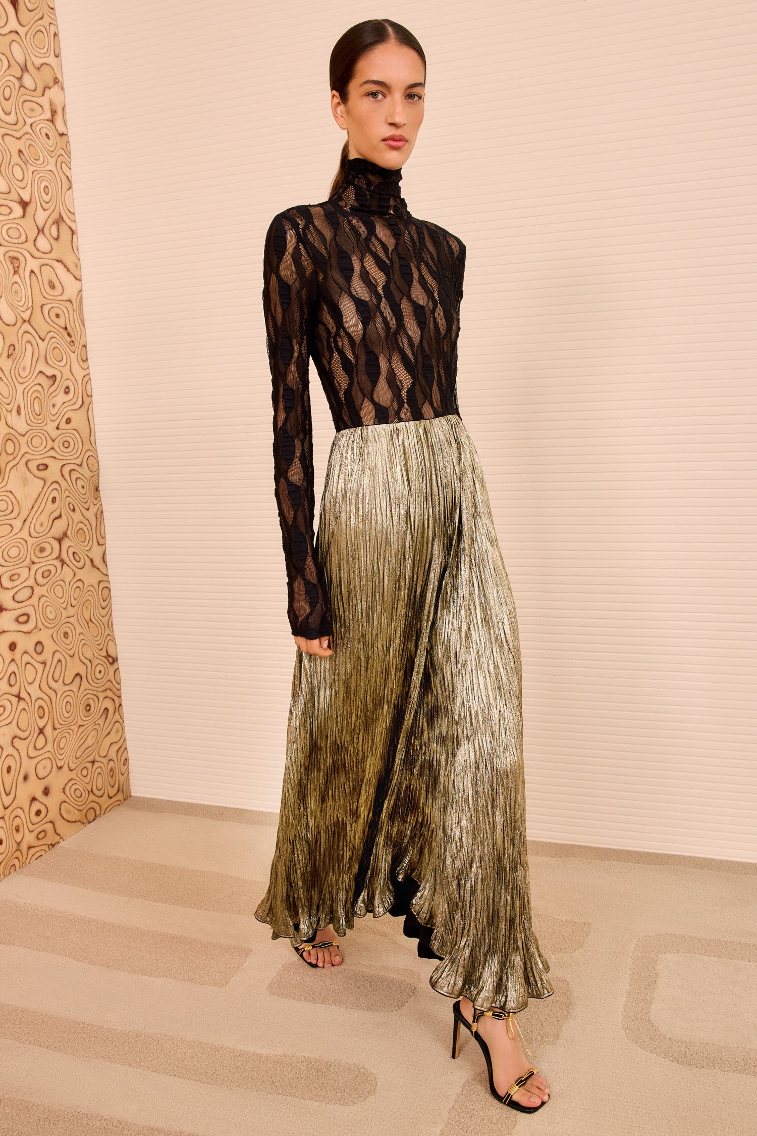 Elsa Pleated Long Skirt - Lumen Gold Satin High Rise Midi Skirt