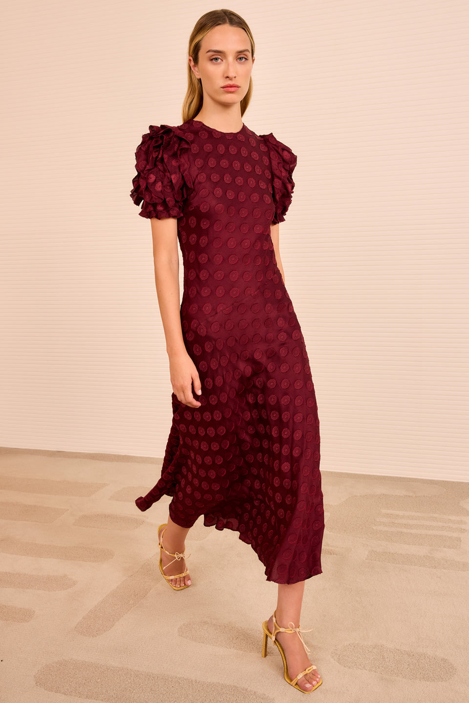 Elvia Ruffle Sleeve Midi Dress - Claret