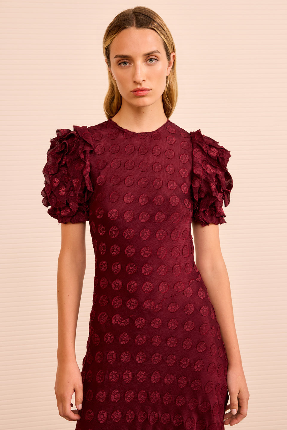 Elvia Ruffle Sleeve Midi Dress - Claret