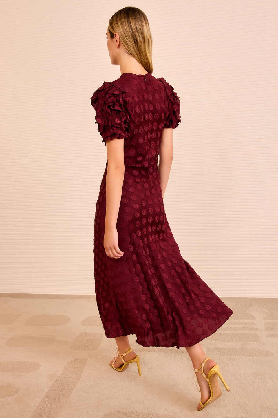 Elvia Ruffle Sleeve Midi Dress - Claret