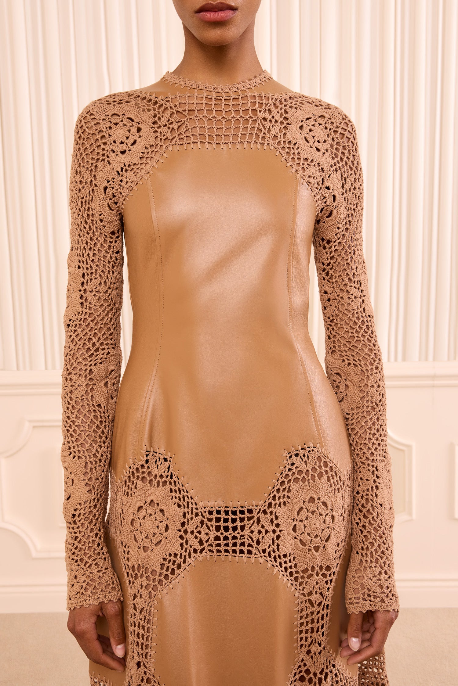 Emi Long Sleeve Crochet & Leather Dress - Camel