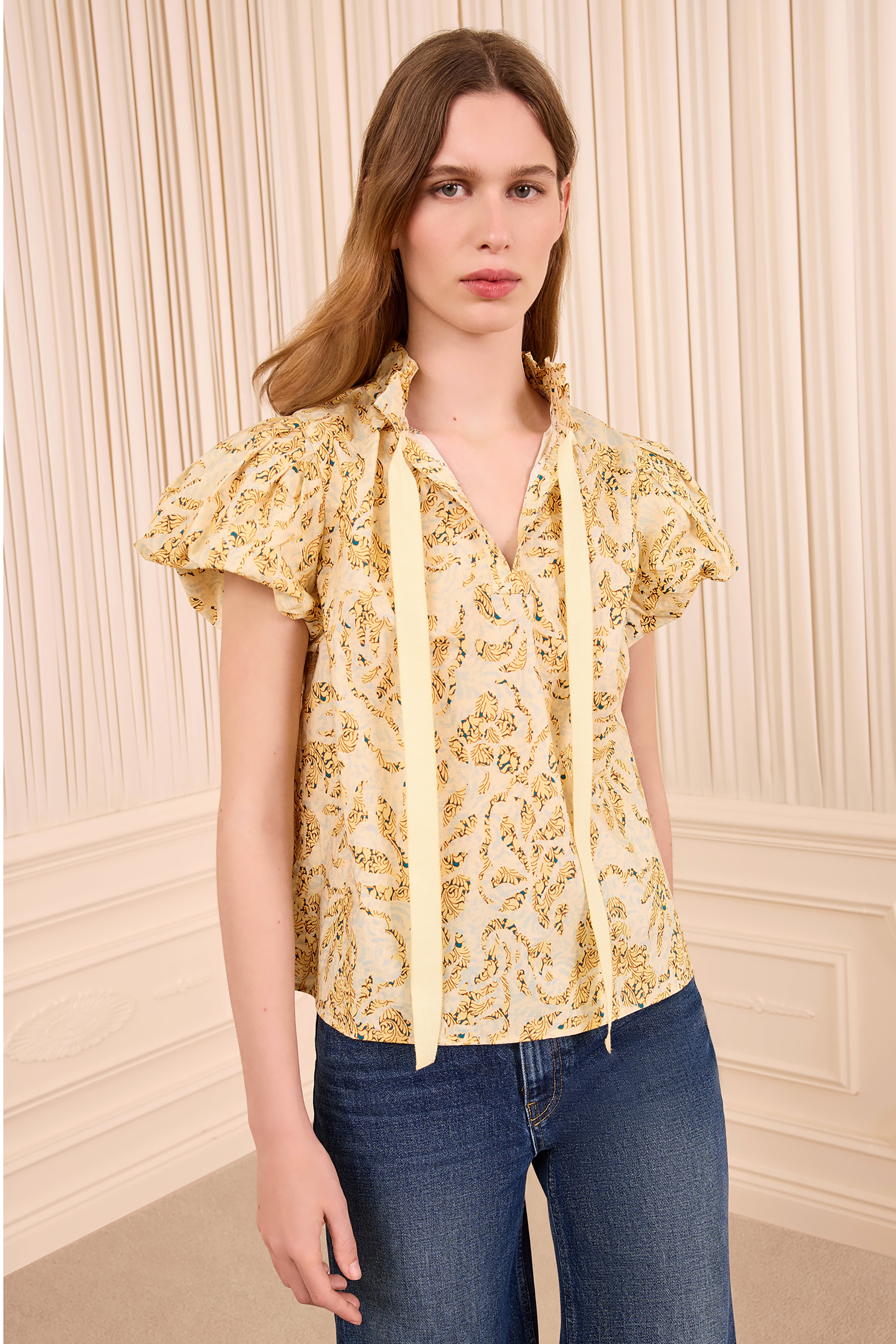 Estela Short Sleeve Cotton Top - Chamomile Floral Print Ruffle