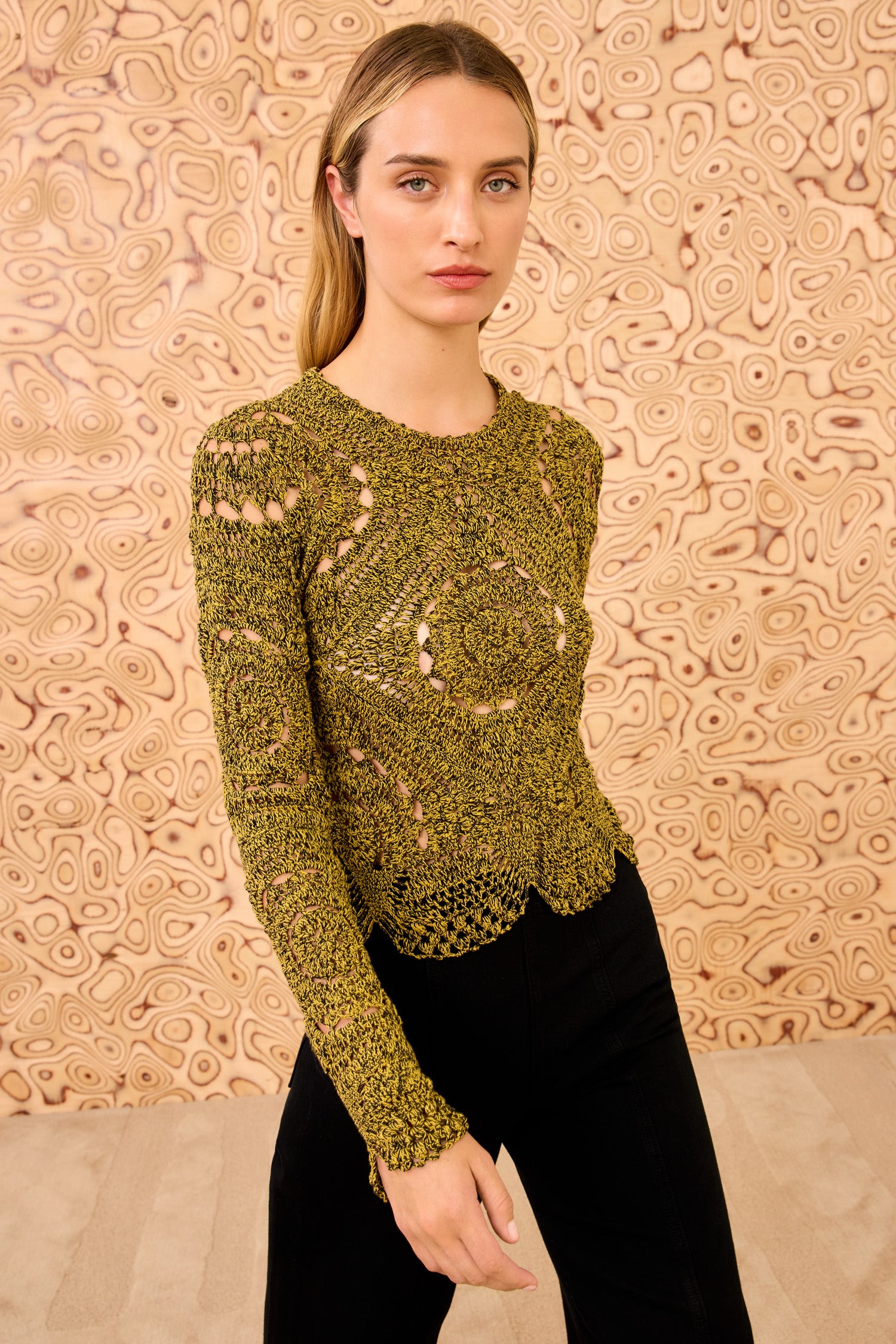 Eugnie Hand Crochet Top - Olive Green Long Sleeve Cotton Crochet