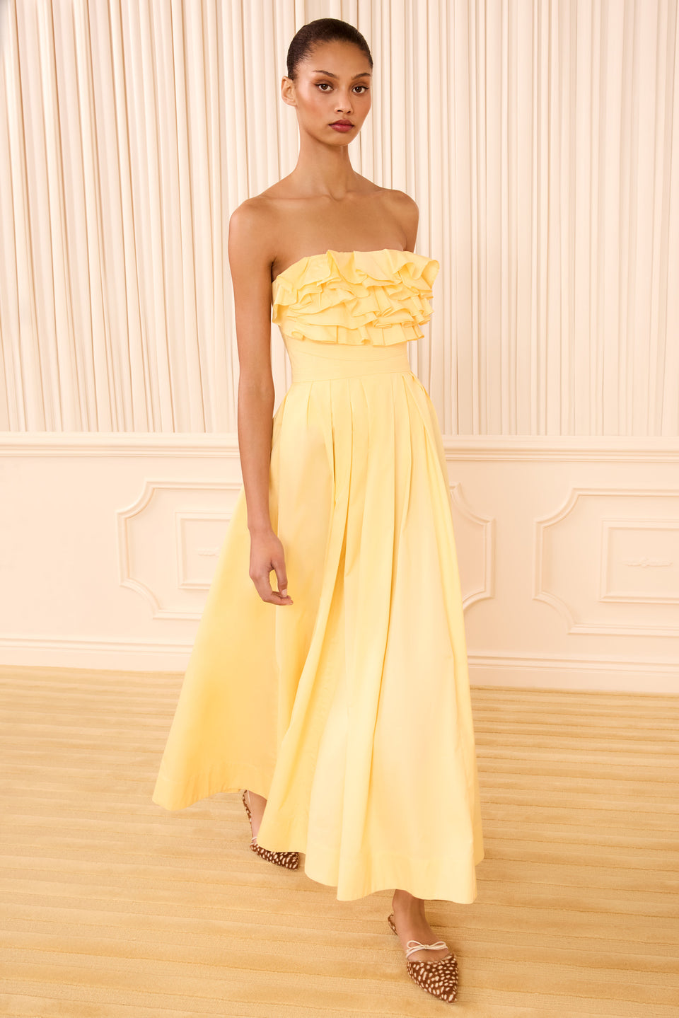 Lemonbalm Cotton Poplin Strapless Midi Dress - Front View, On Model | Ulla Johnson