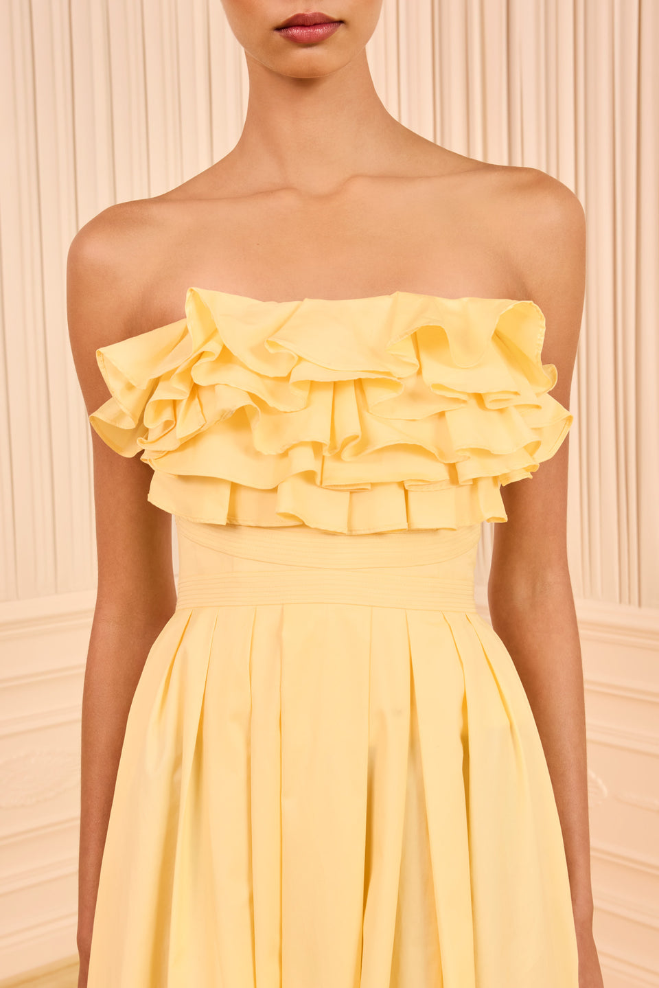 Lemonbalm Cotton Poplin Strapless Dress - Tiered Ruffle Bodice Close-Up | Ulla Johnson