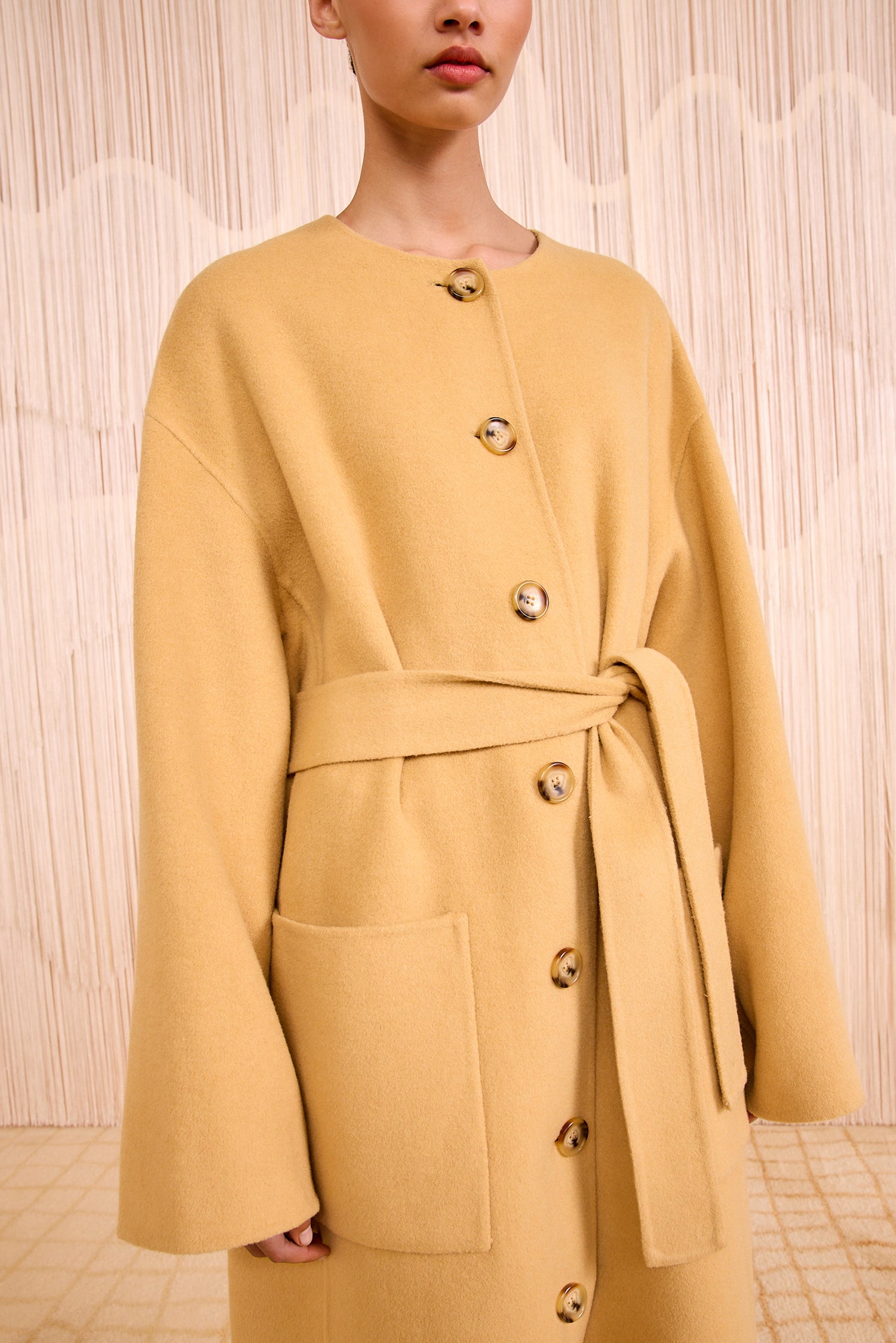 Lotus Wool Oversized Coat - Button & Belt Detail Close-Up | Ulla Johnson