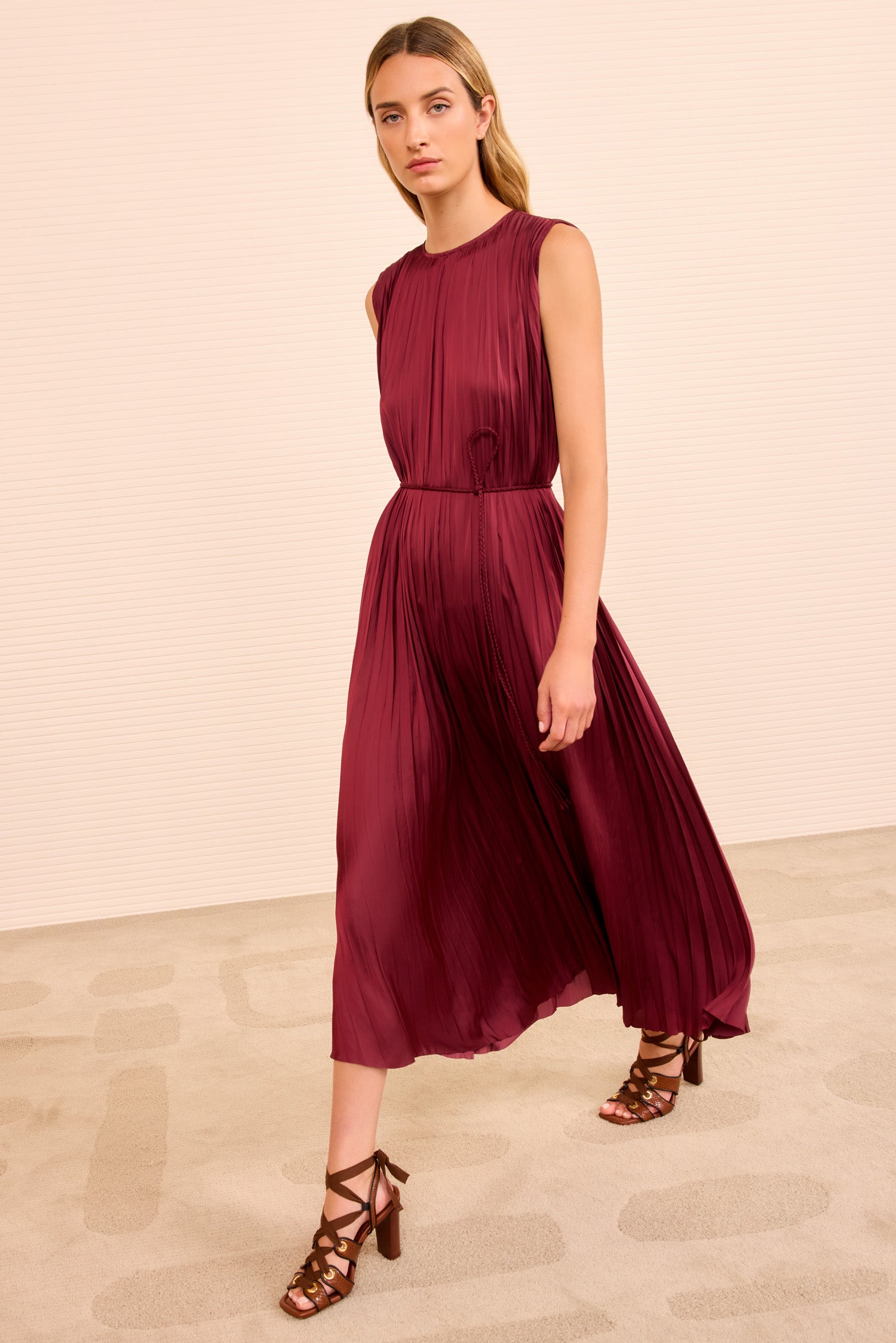 open lace back dress Fianna Pleated Midi Dress - Claret Red Satin A-Line Dress