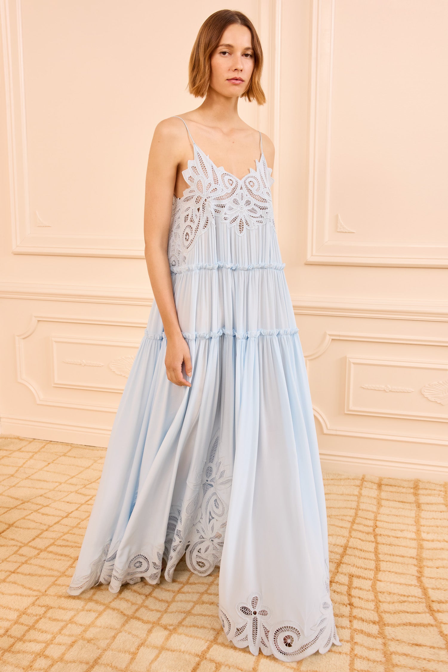 Filippa Lace Applique Gown - Adriatic Blue Silk Floor Length Gown Filippa Lace Applique Gown - Adriatic Blue Silk Floor Length Gown