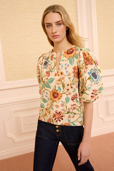Florielle Cotton Top - Abalone Floral Print Puff Sleeve Cotton Top