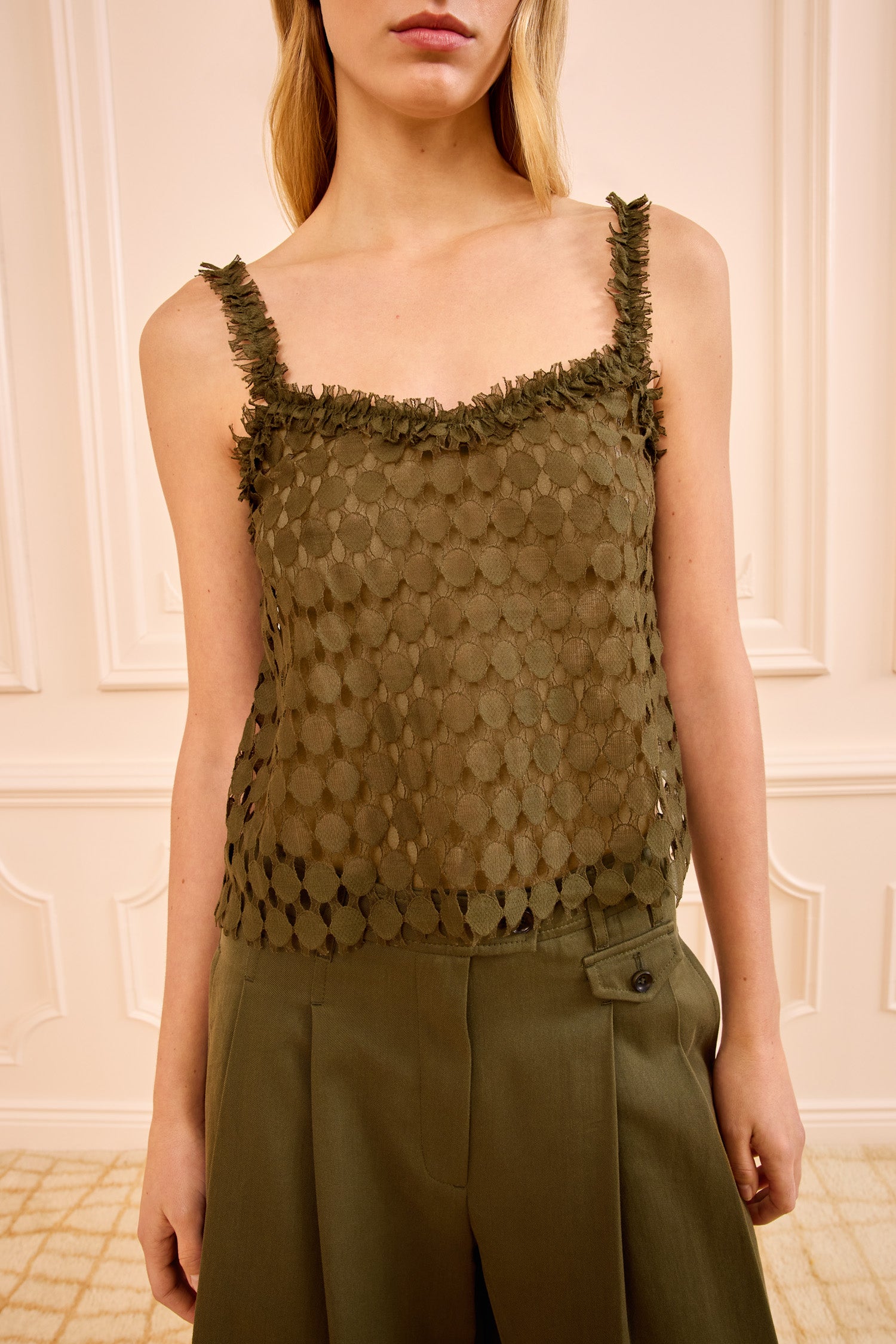 Francoise Lace Tank Top - Pine Green Geometric-Print Sleeveless