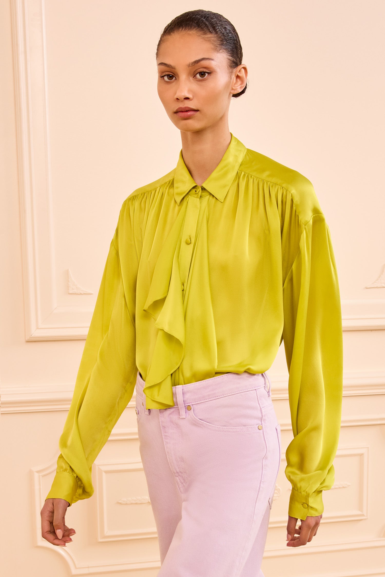 Gesture Silk Blouse - Chartreuse Green Long Sleeve Shirt