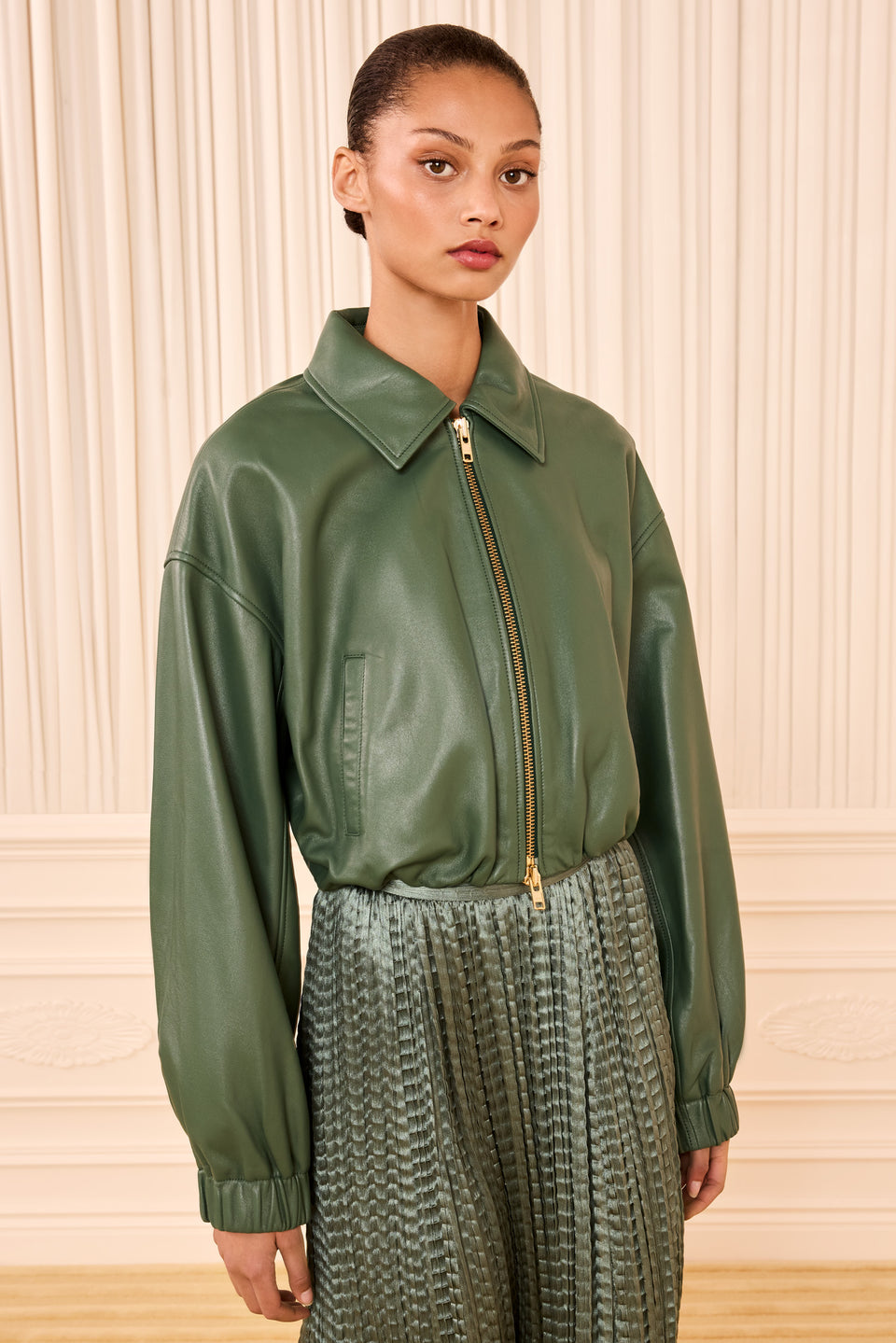 Serpentine Green Nappa Leather Cropped Jacket - Front Three-Quarter View | Ulla Johnson