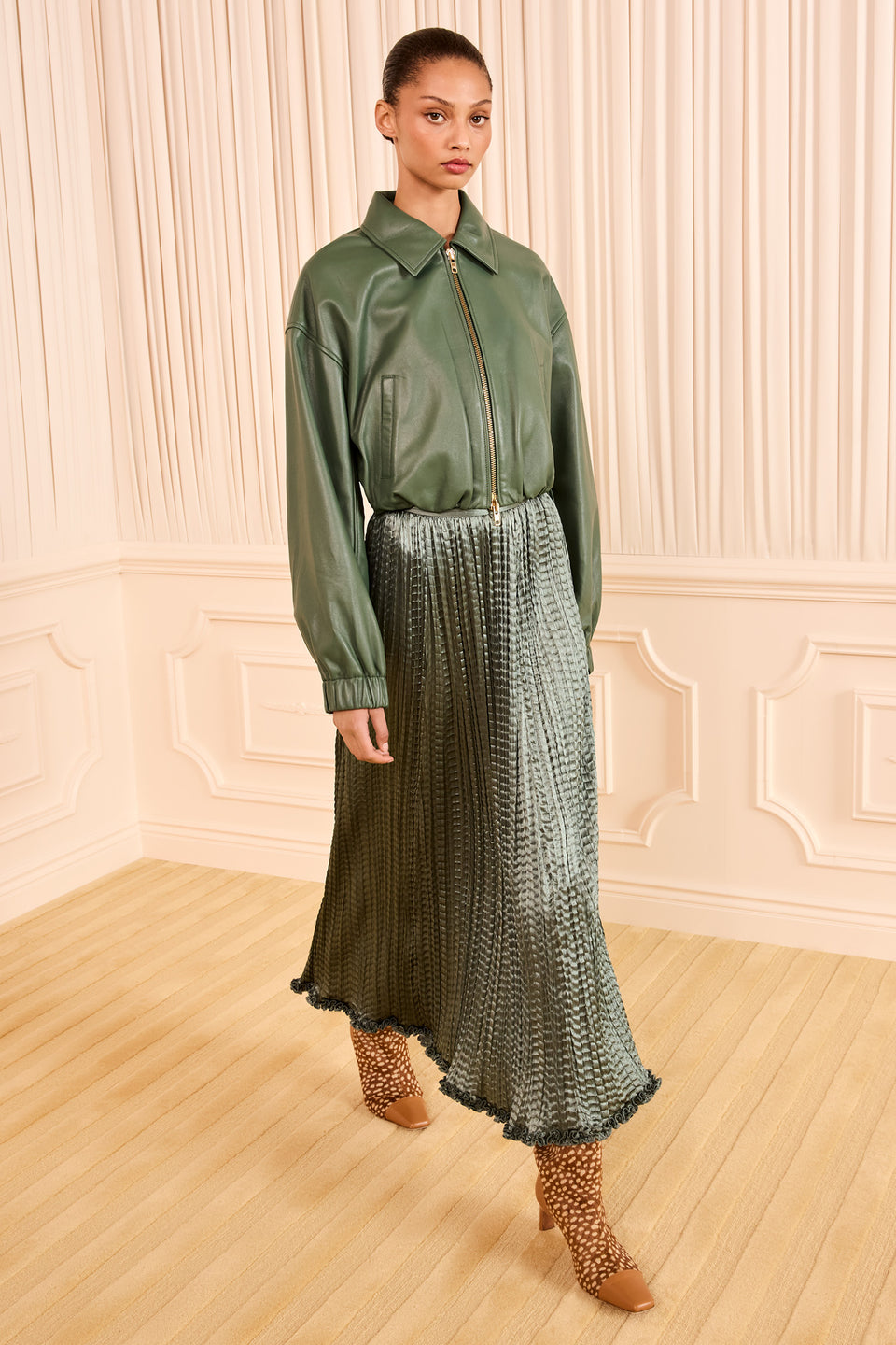 Serpentine Green Luxury Leather Blouson Jacket - Full-Length Styled Look | Ulla Johnson