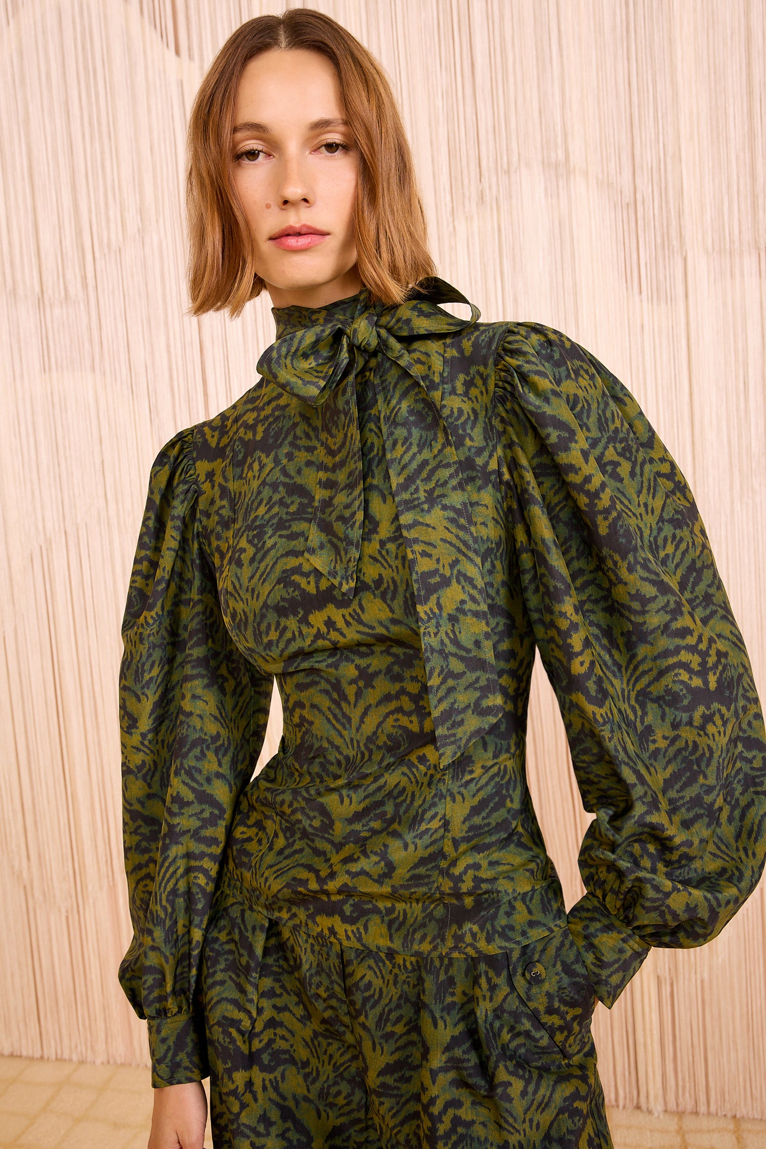 Giorgia Silk Neck Tie Blouse - Desert Jasper Green Silk Scarf Neck