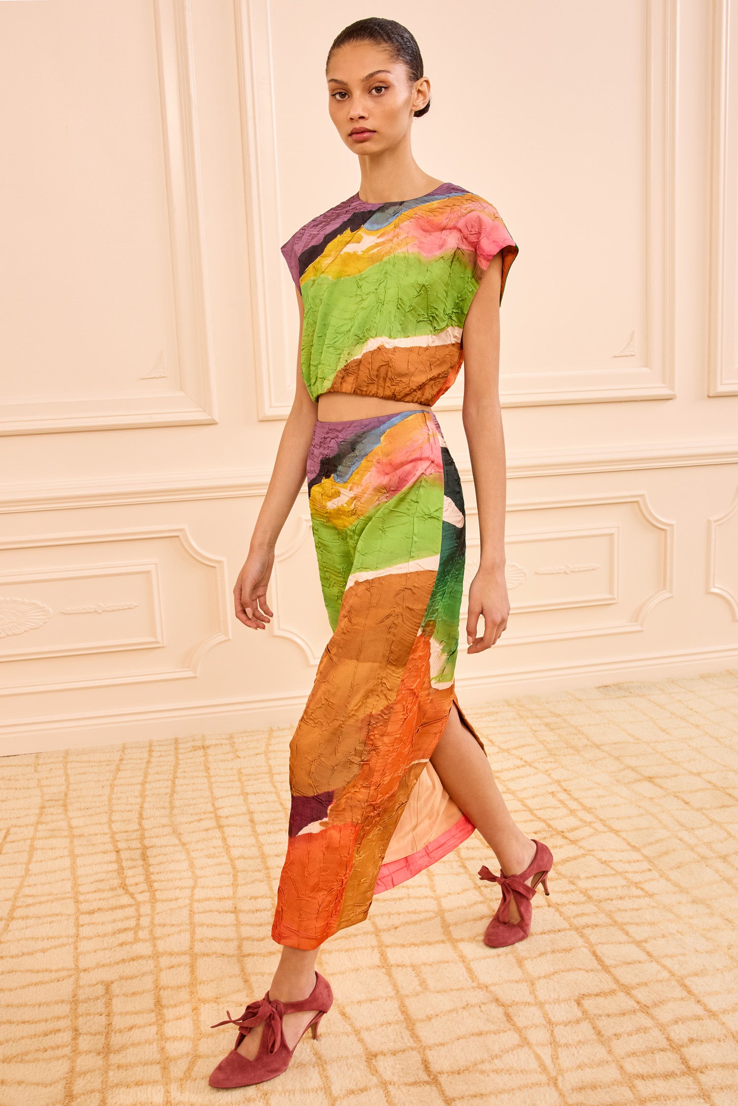Gisella Satin Crop Top - Nature Abhors A Vacuum Multicolored Round