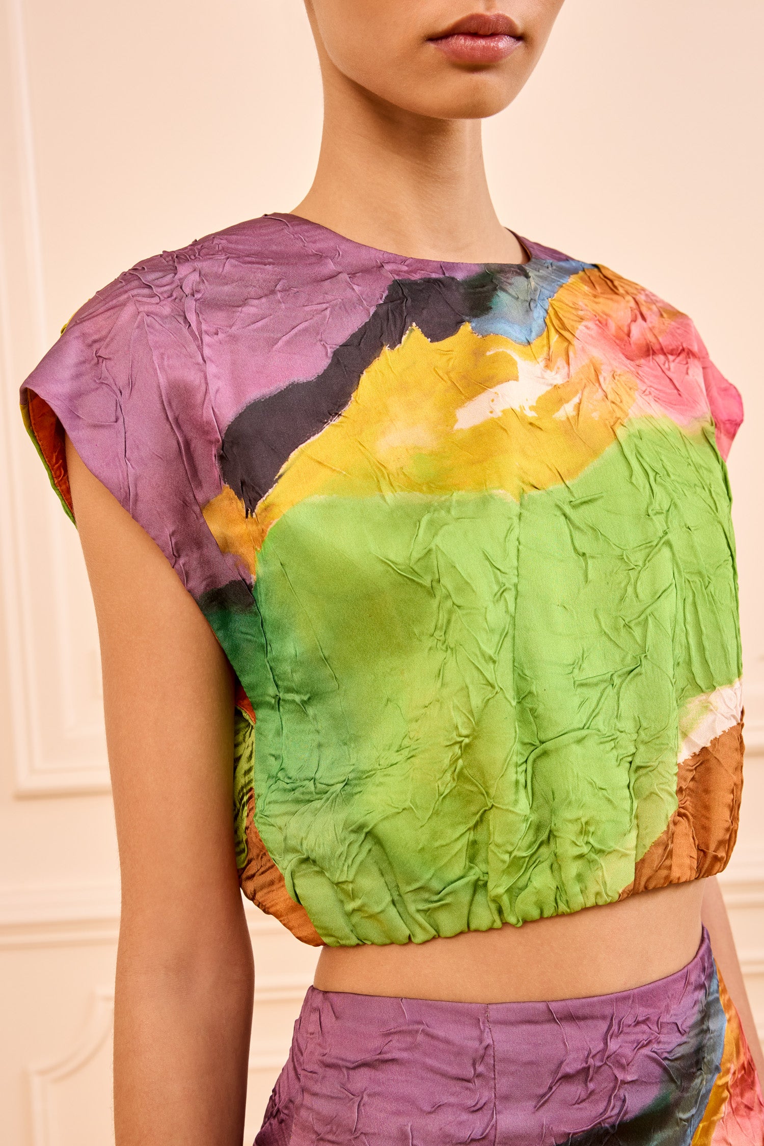 Gisella Satin Crop Top - Nature Abhors A Vacuum Multicolored Round