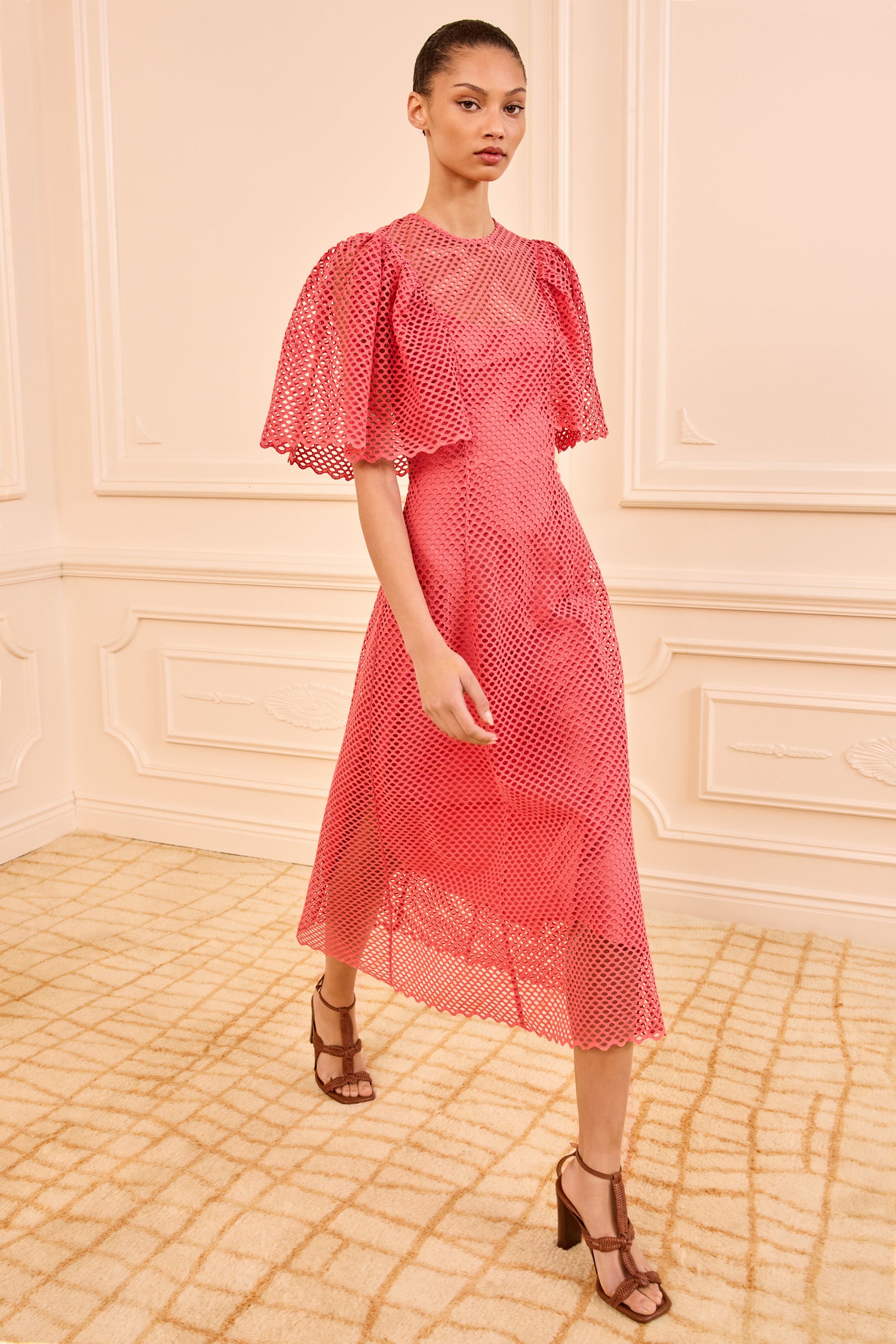 strapless open back dress Gracelle Eyelet Cotton Dress - Dahlia Pink Short Sleeve Midi Dress