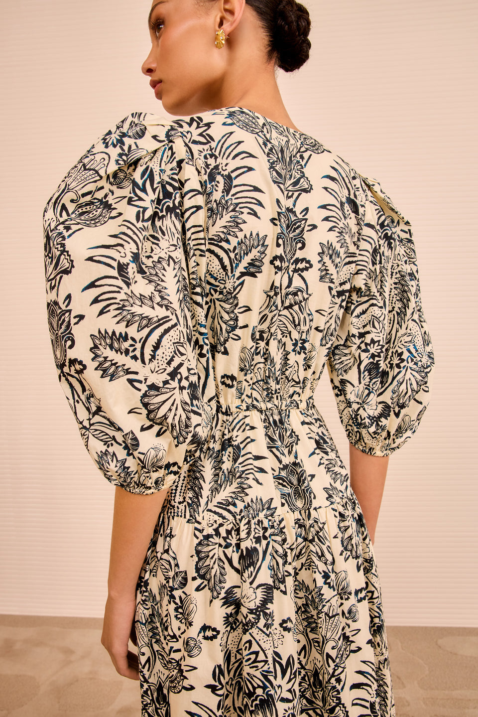 Harriet Puff Sleeve Midi Dress - Ivory Flora