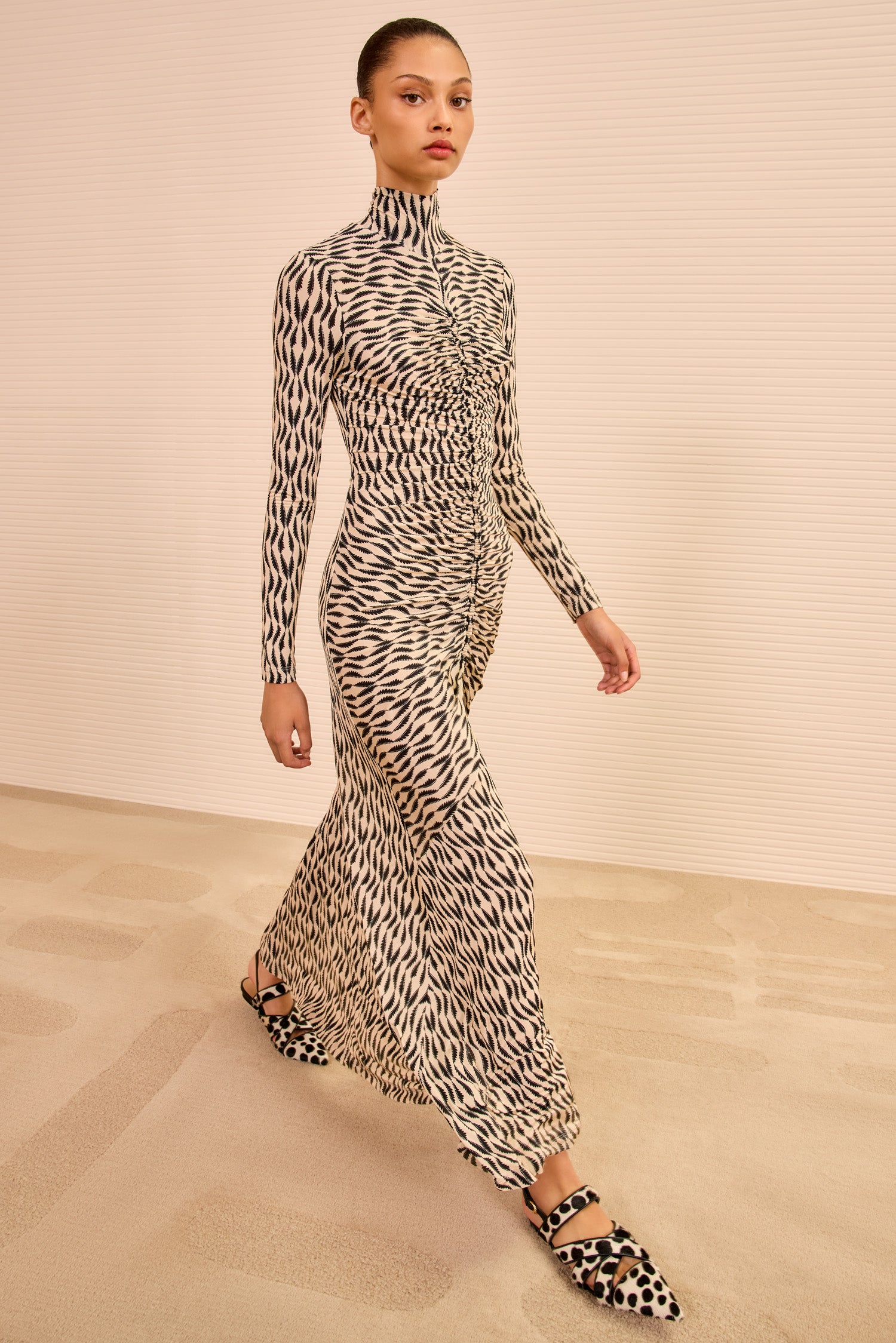 Ida Long Sleeve Ruched Turtleneck Dress - Silhouette White Patterned Fitted Maxi  Dress