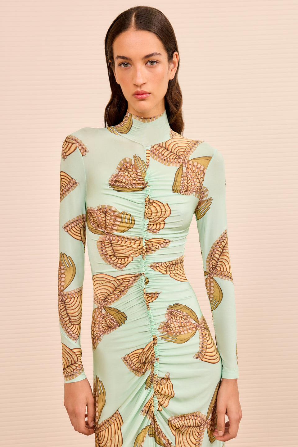 Ida LS Ruched Turtleneck Dress - Water Blossoms