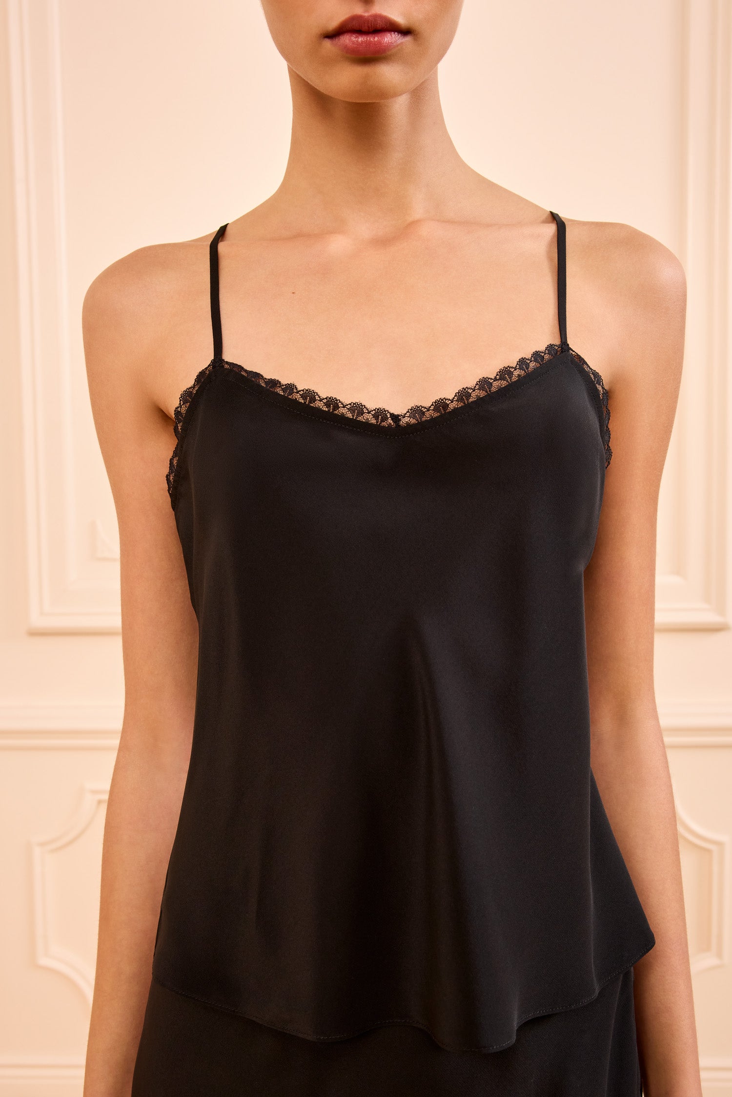Idra Silk Camisole - Noir Black Lace Trim Silk Top - Ulla Johnson