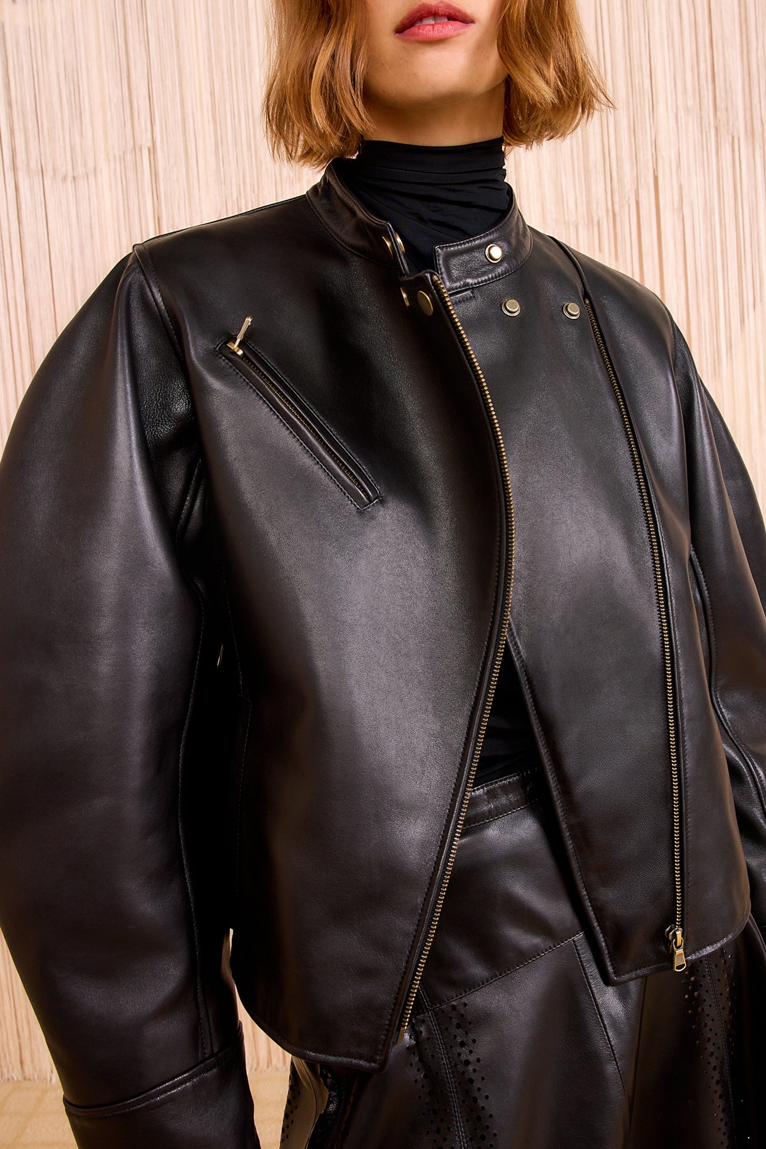 Ilaria Leather Jacket - Noir Sculptural Sleeve Leather Jacket