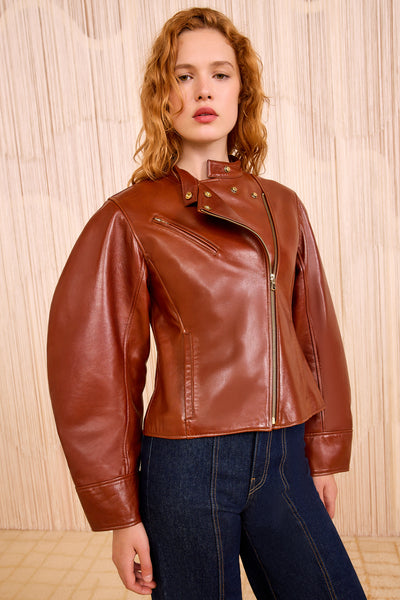 Ilaria Leather Jacket - Wenge Sculptural Sleeve Leather