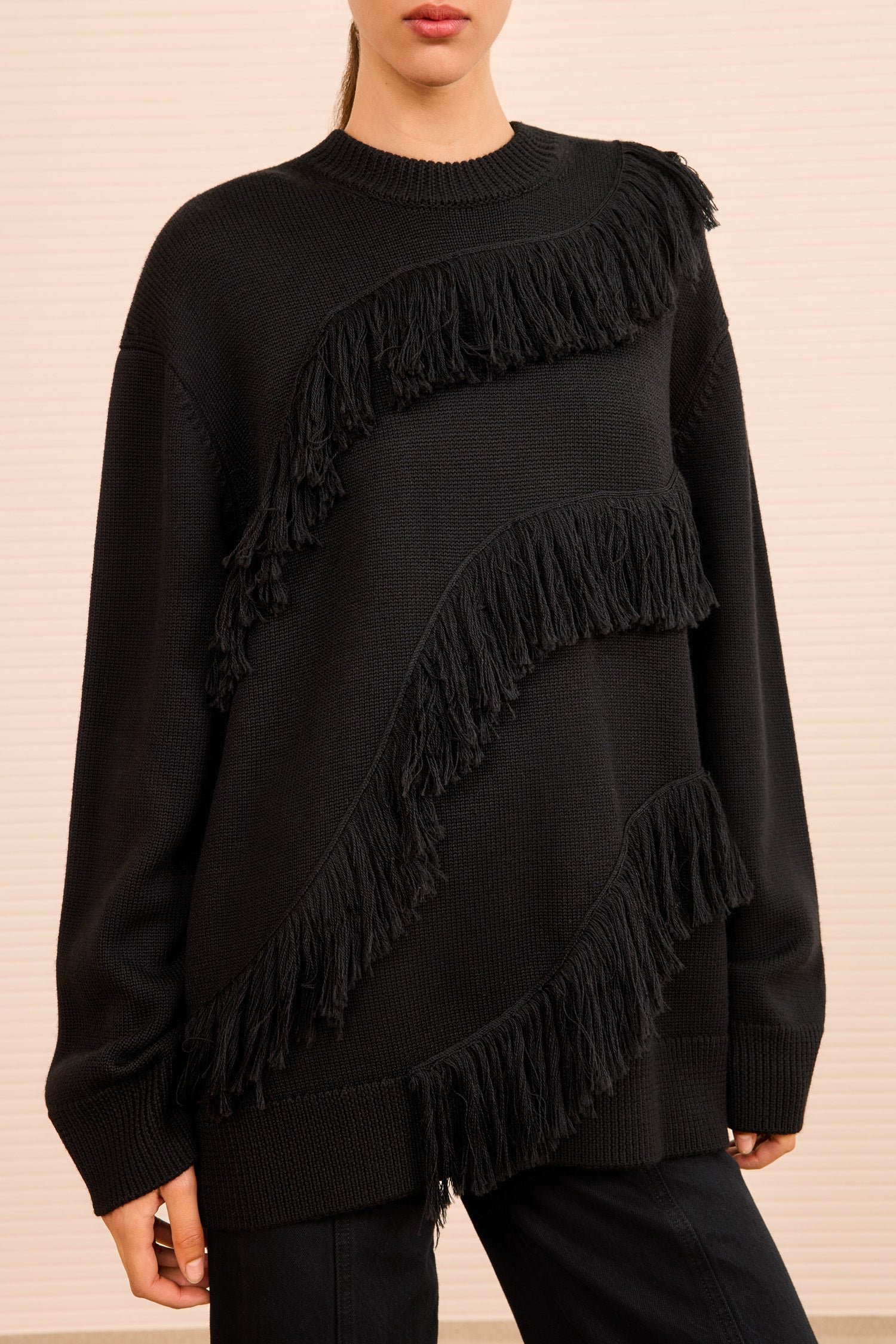 Ina Oversized Fringe Pullover - Noir Black Long Sleeve Wool Knit