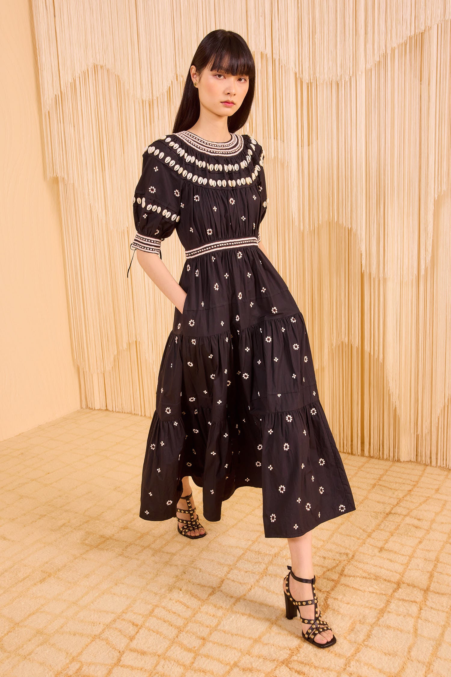 Innika Dress Noir Black Floral Embroidered Cotton Poplin Dress