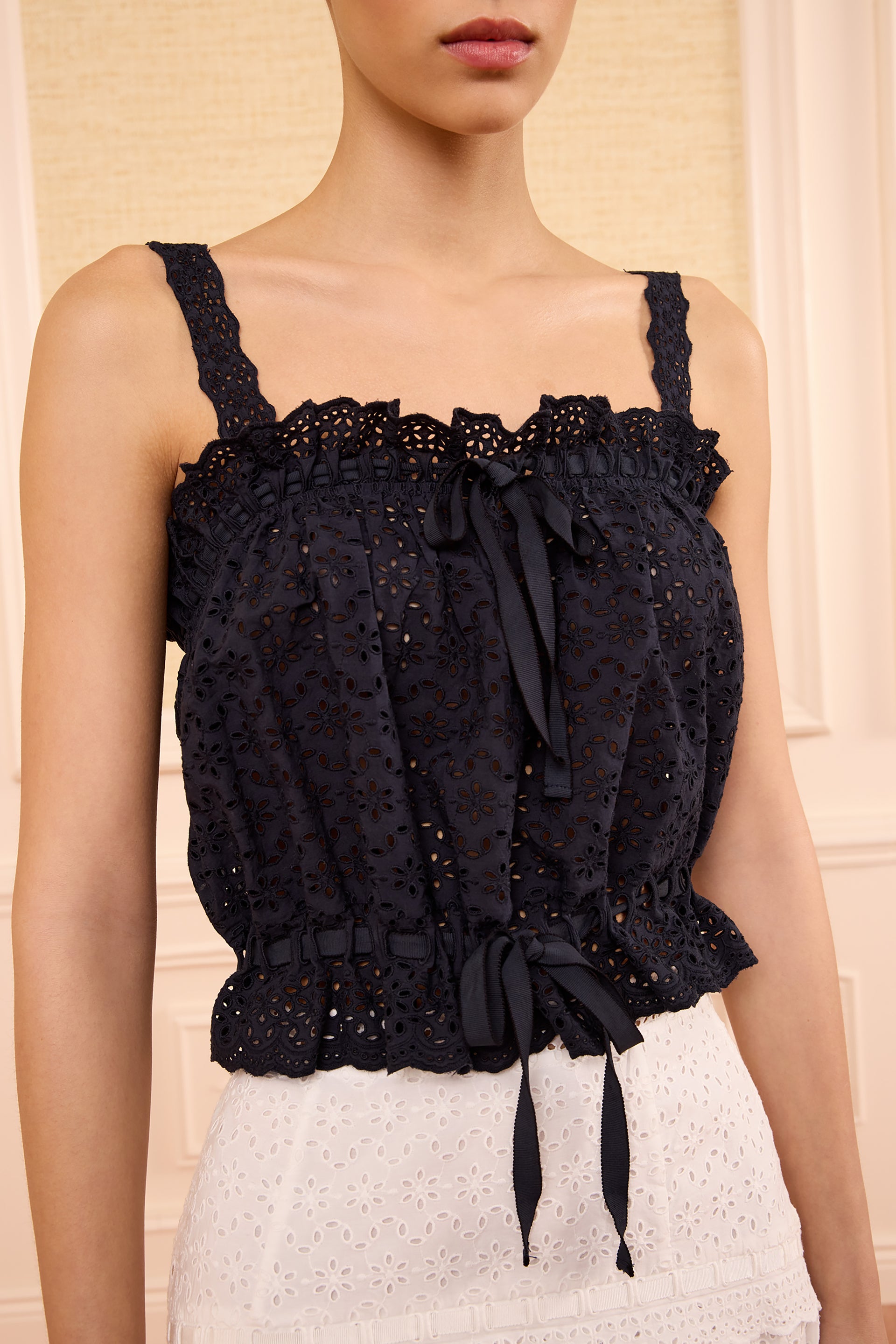 Midnight Cotton Eyelet Top - Ribbon Tie & Scallop Detail Close-Up | Ulla Johnson
