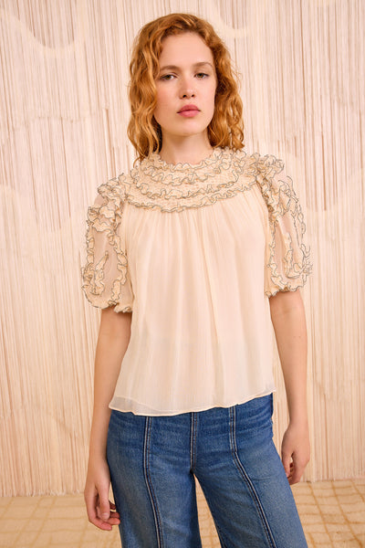 Isolda Silk Smocked Short Sleeve Blouse - Chantilly Silk