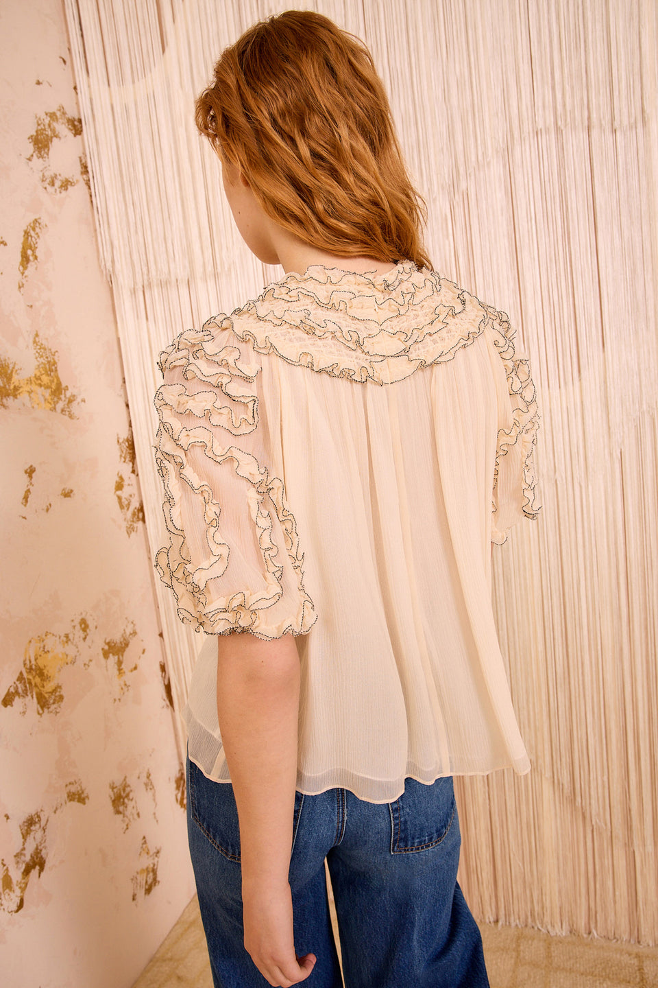 Isolda Silk Smocked Short Sleeve Blouse - Chantilly
