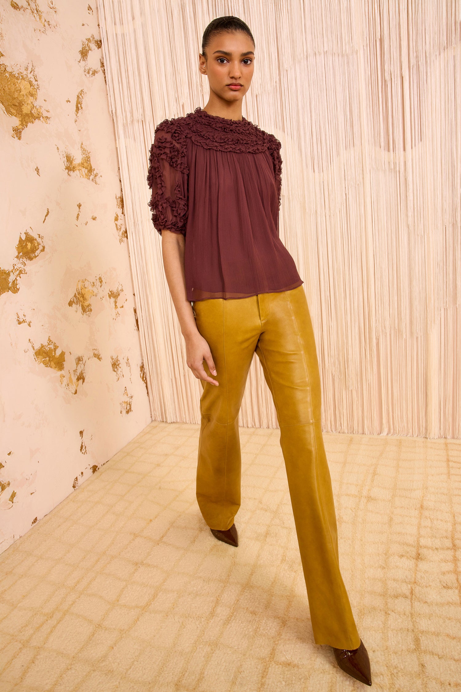 Ulla Johnson Isolda Silk Smocked Short Sleeve Blouse - Mahogany