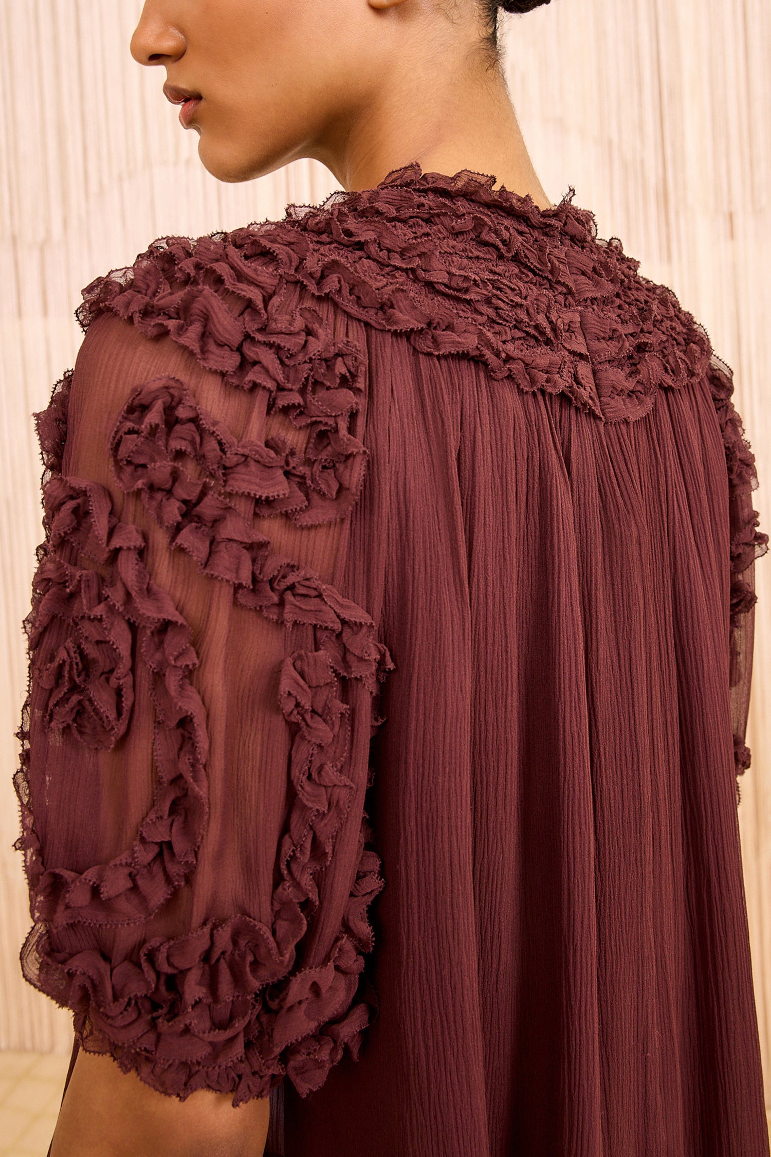 Ulla Johnson Isolda Silk Smocked Short Sleeve Blouse - Mahogany