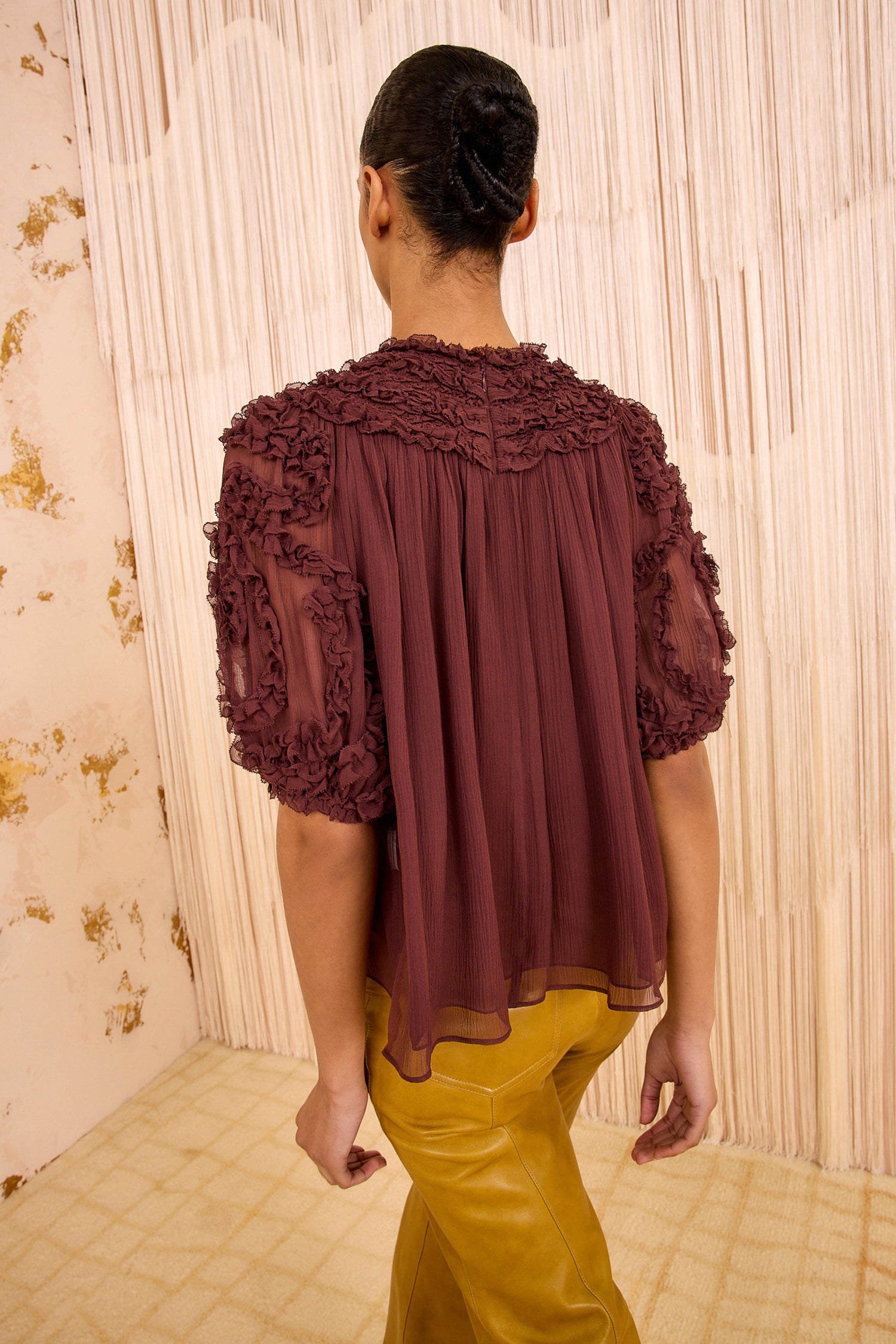 Ulla Johnson Isolda Silk Smocked Short Sleeve Blouse - Mahogany