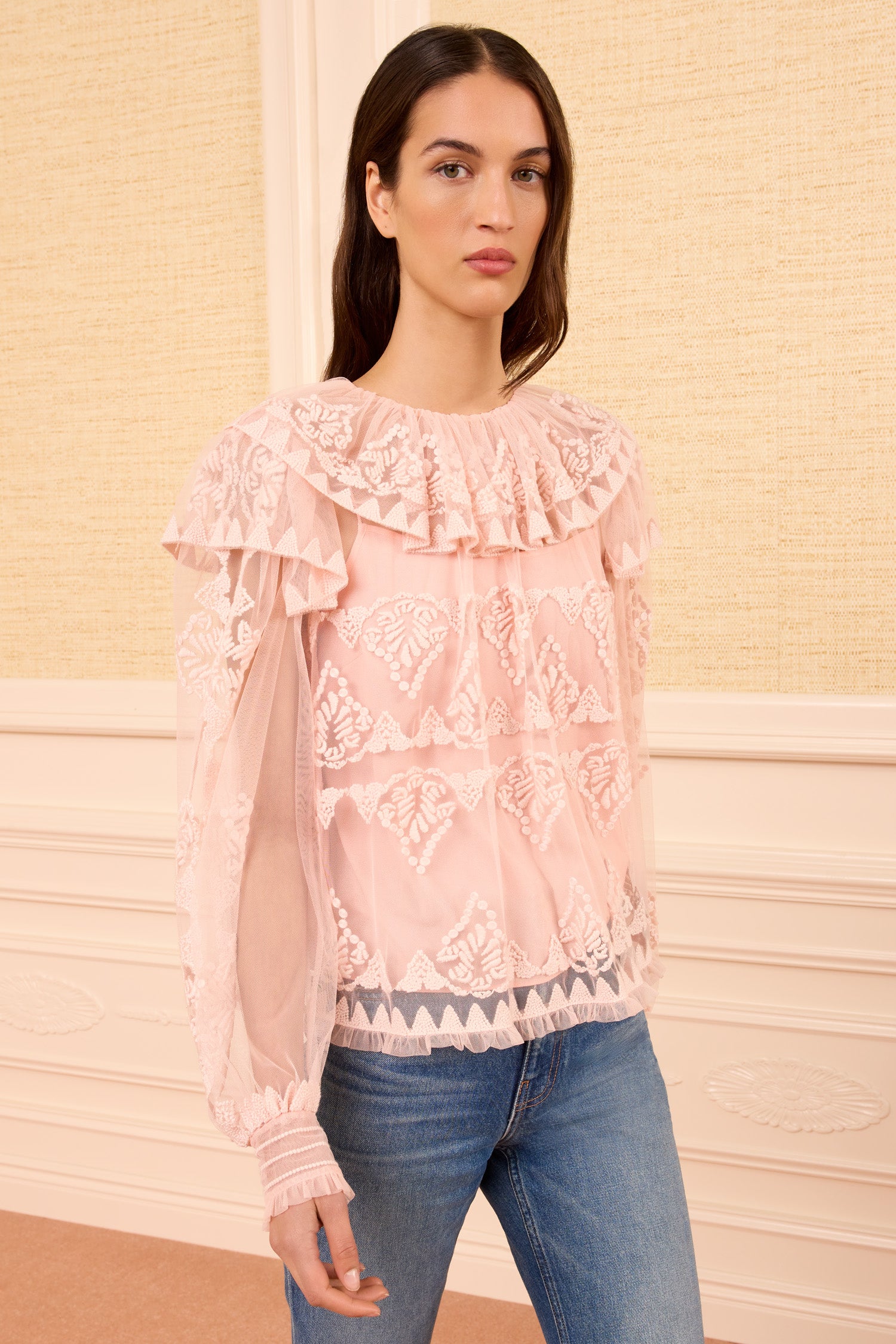 Ivy Tulle Blouse - Blush Long Sleeve Ruffle Blouse - Ulla Johnson