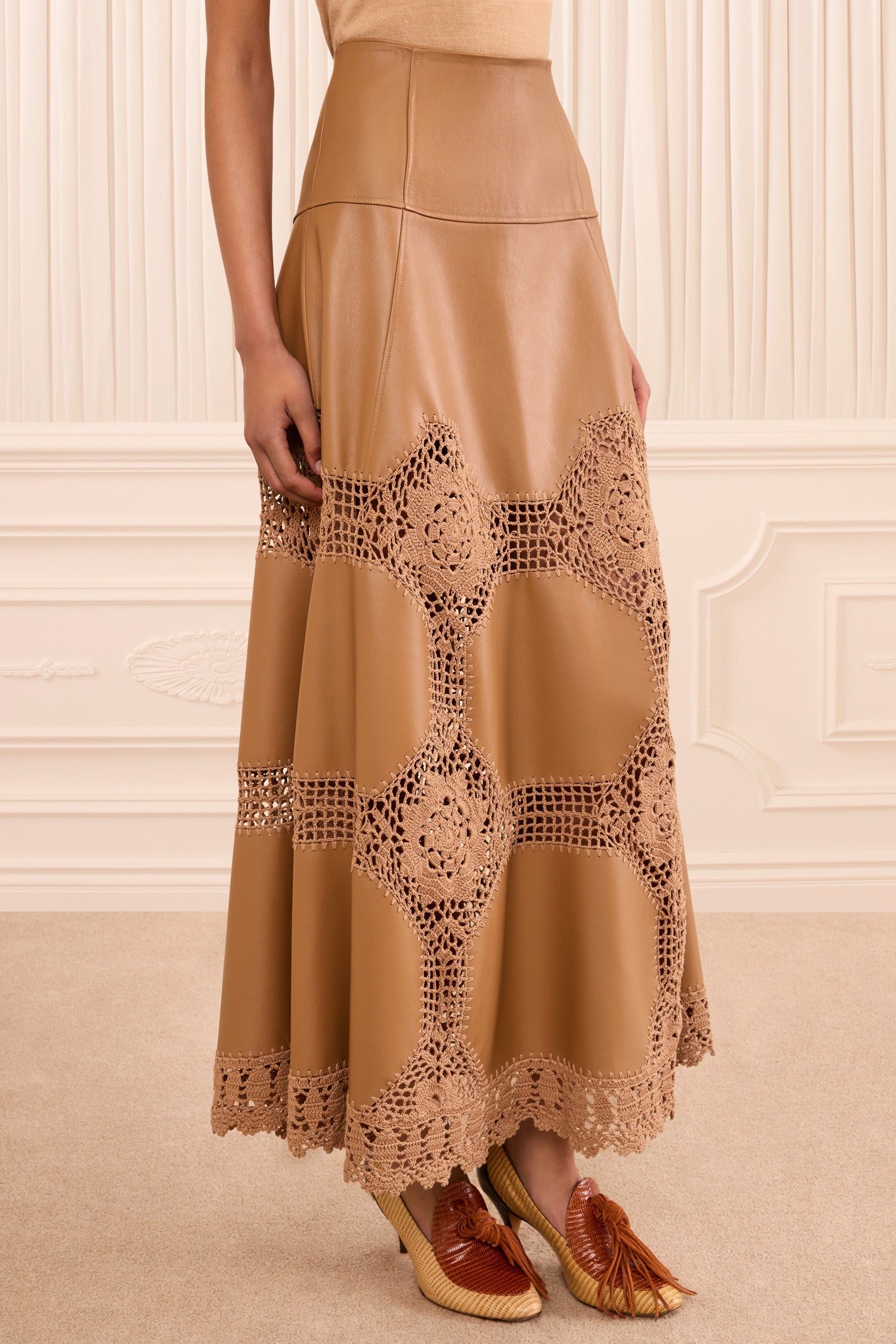 Izra Crochet & Leather Skirt - Camel