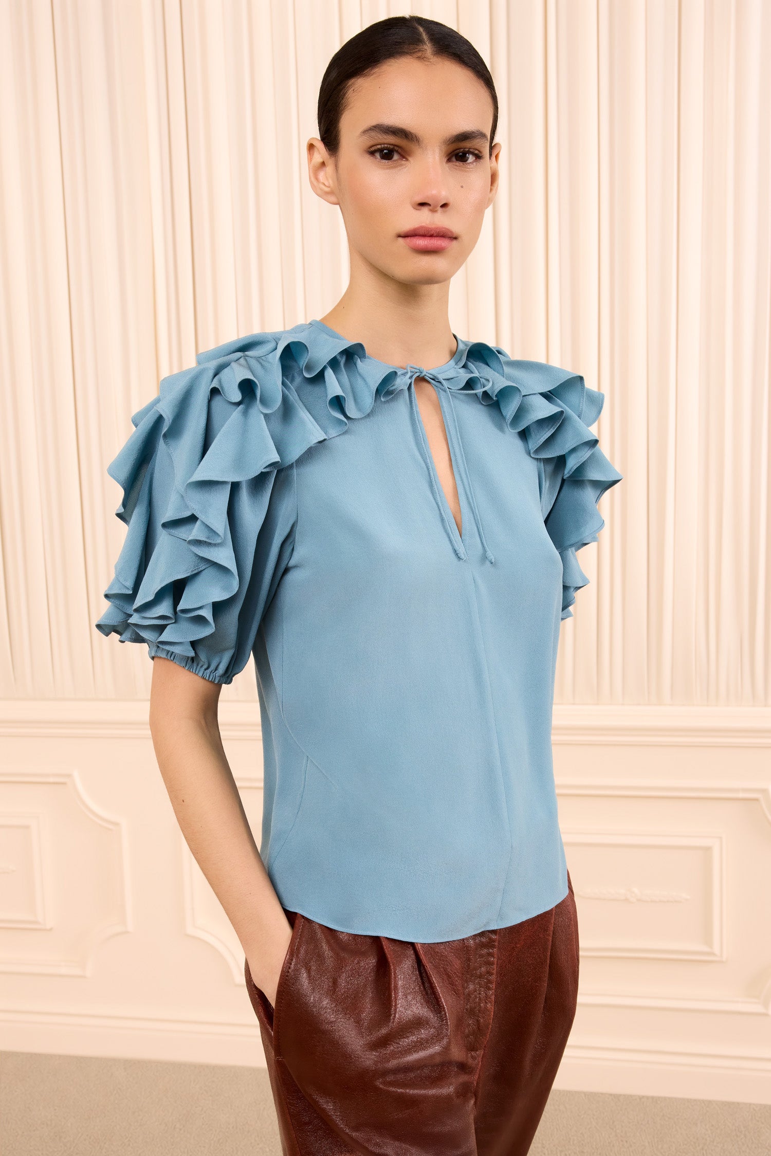 Josephine Short Sleeve Silk Top - Heron Tie-Neck Ruffle-Cuff Top