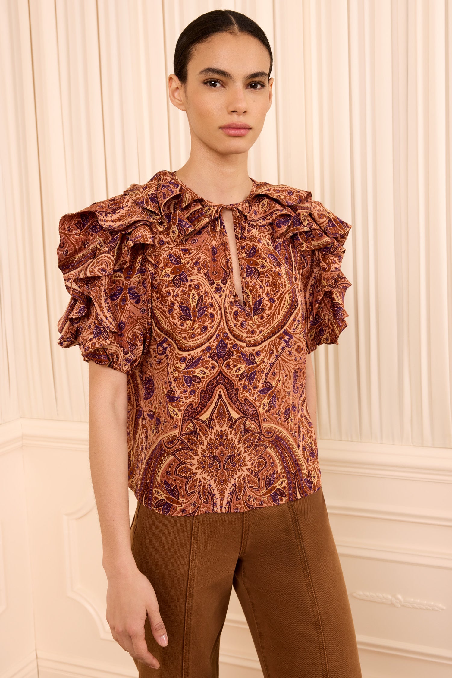 Josephine Short Sleeve Silk Top - Rosette Tie-Neck Ruffle-Cuff Top