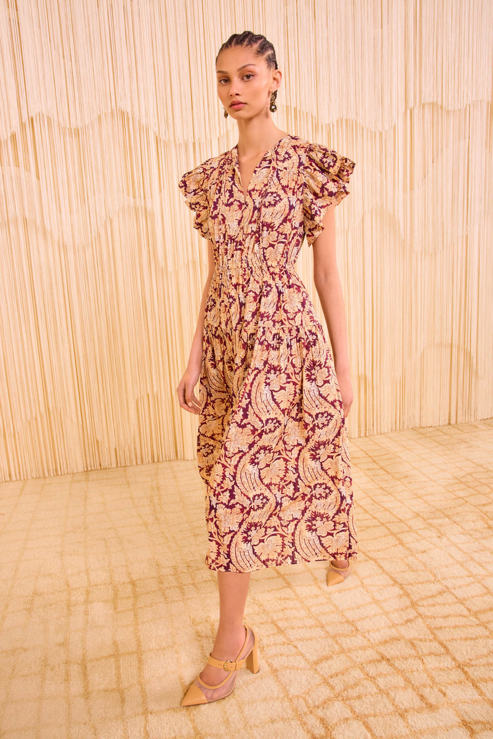 Kairi Flutter Sleeve Midi Dress - Amaranthus