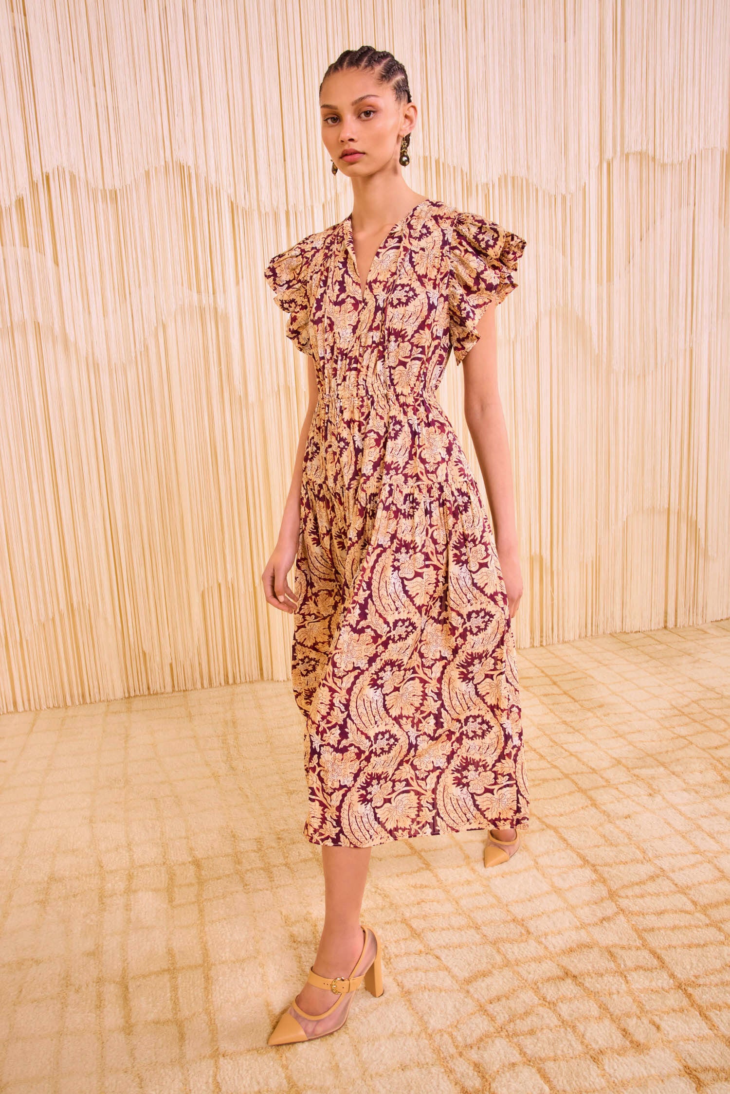 Kairi Flutter Sleeve Midi Dress Amaranthus Purple Floral