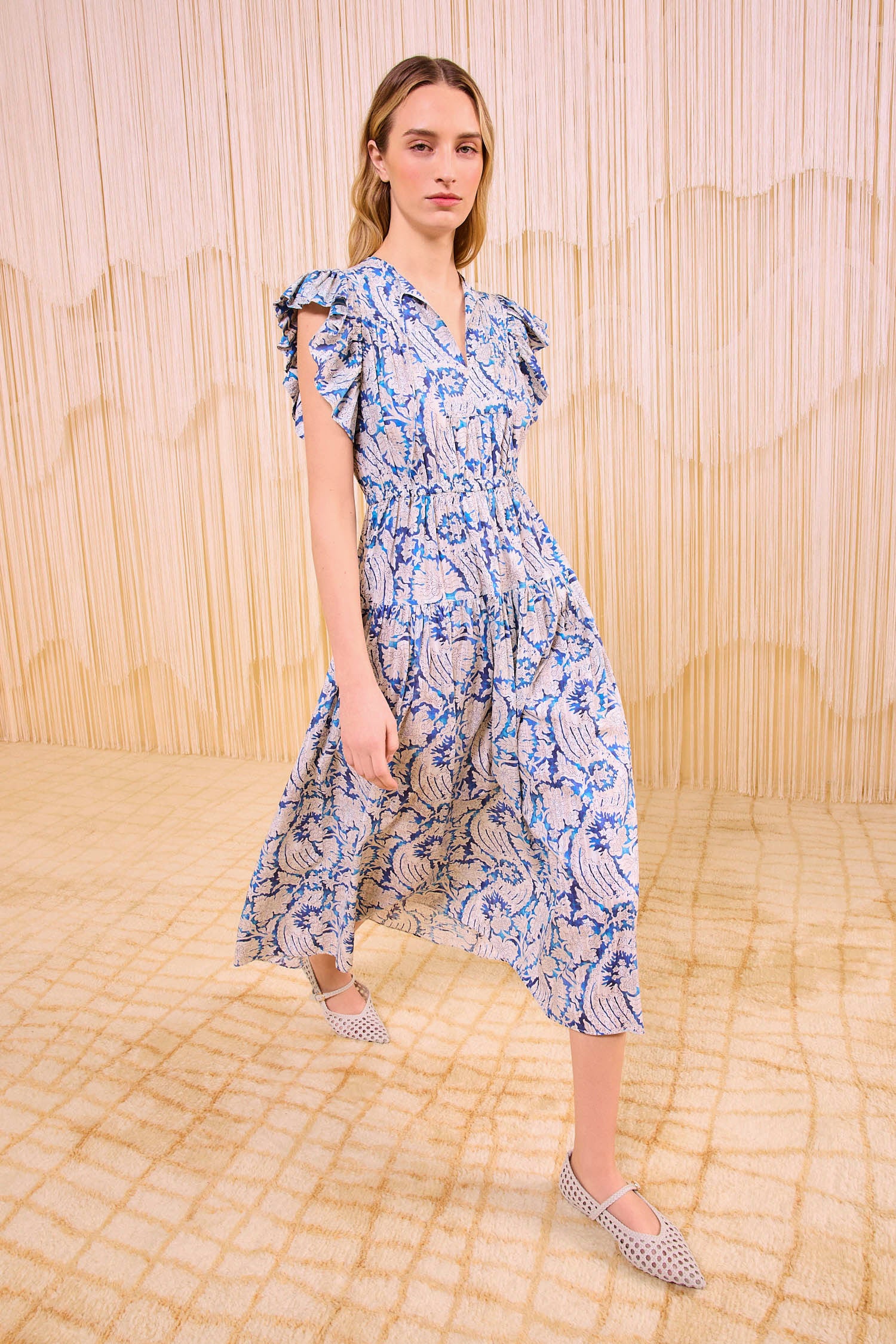 Kairi Flutter Sleeve Midi Dress Ciel Blue Floral Botanical Midi