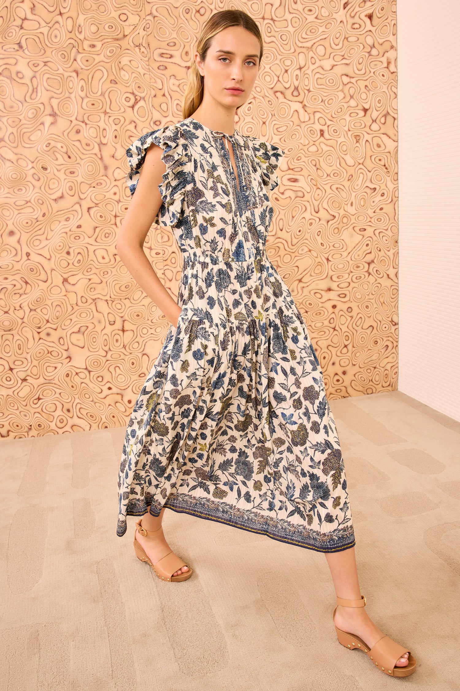 Kairi Flutter Sleeve Midi Dress - Porcelain Floral Print Sundress with Short Sleeves - Ulla Johnson Kairi Flutter Sleeve Midi Dress - Porcelain Floral Print Sundress with Short Sleeves - Ulla Johnson