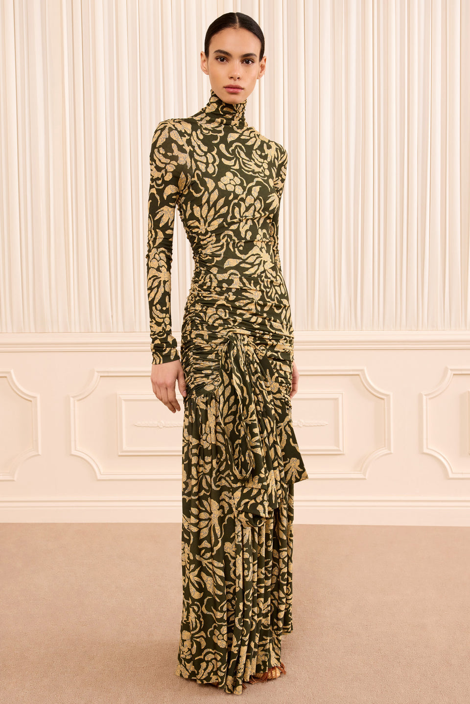 Katy Draped Jersey Dress - Khaki Floral