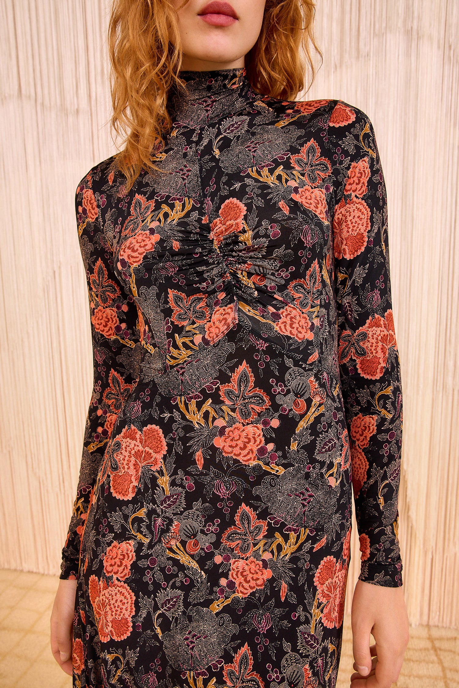 ulla Johnson フリルタンク Koa Jersey Ruched Front Turtleneck Dress - Night Lily Floral