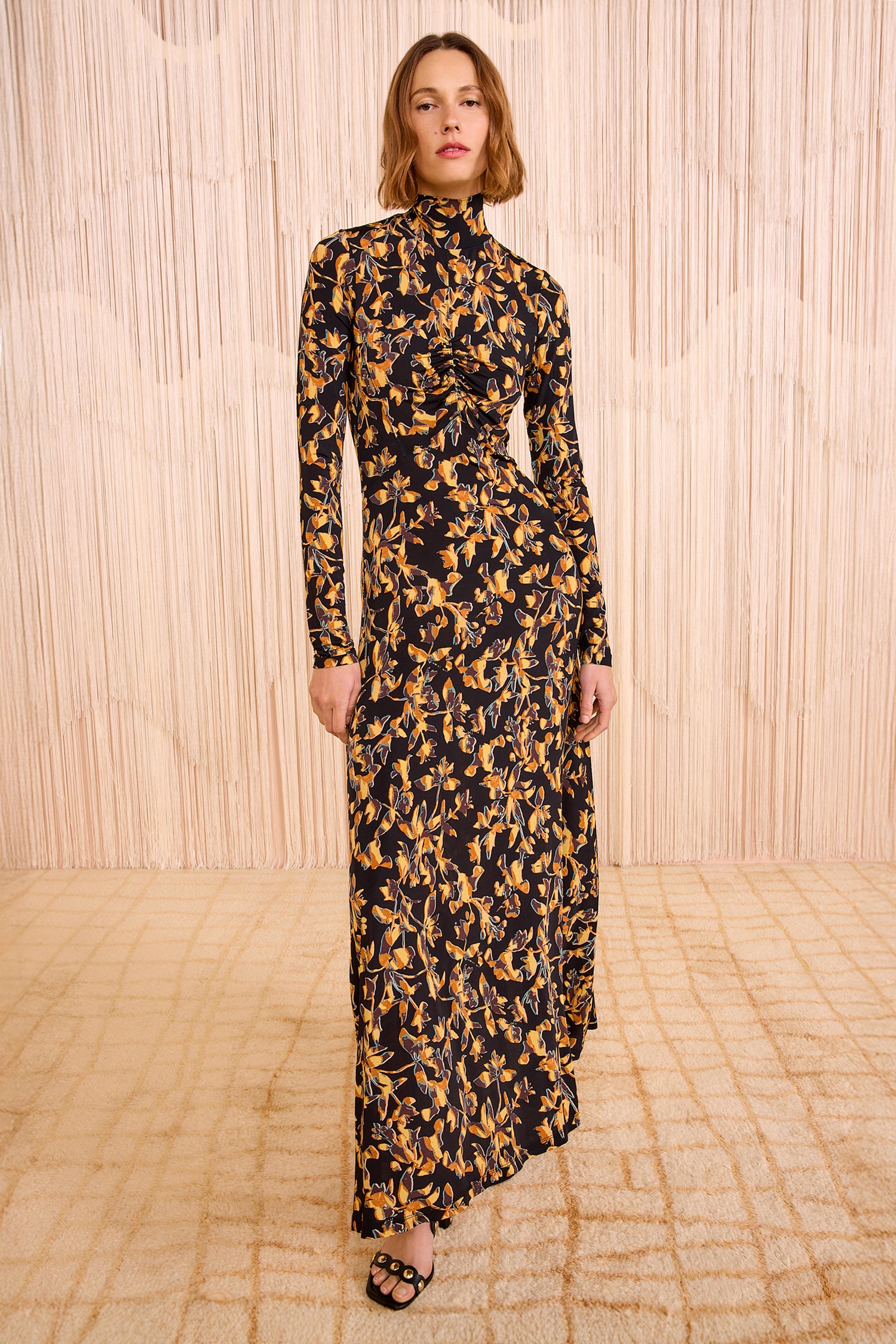 Koa Jersey Ruched Front Turtleneck Dress Solaris Floral Print