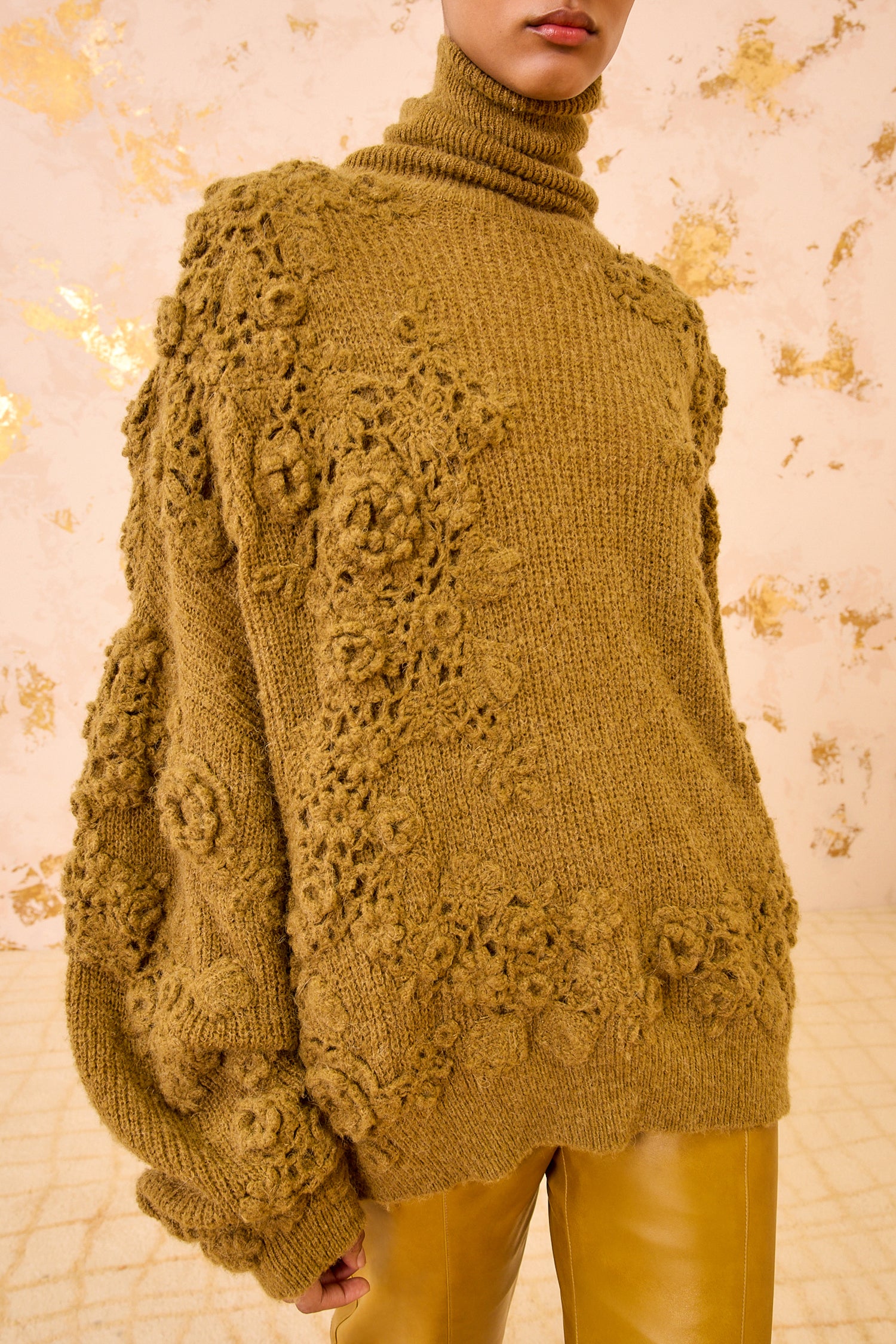 Lelou Crochet Knit Turtleneck - Pine
